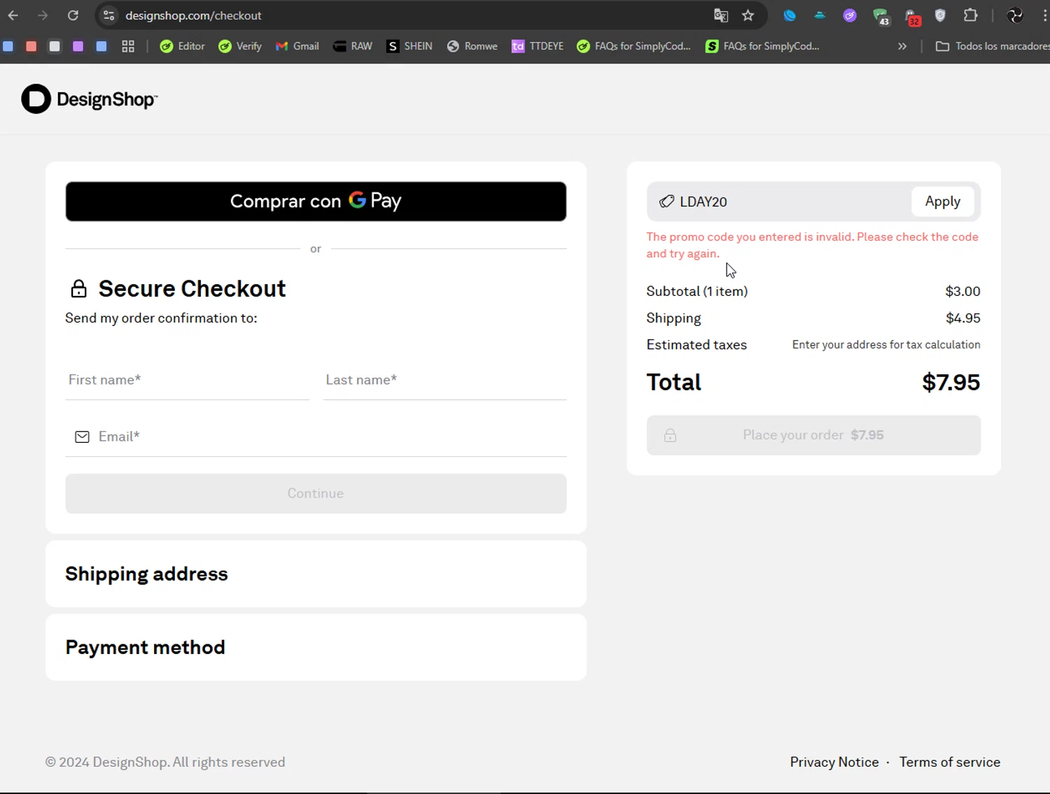 DesignShop promo code screenshot showing code LDAY20 applied at DesignShop checkout page. Uploaded by SimplyCodes community member Ryukyu on Sep 29, 2025
