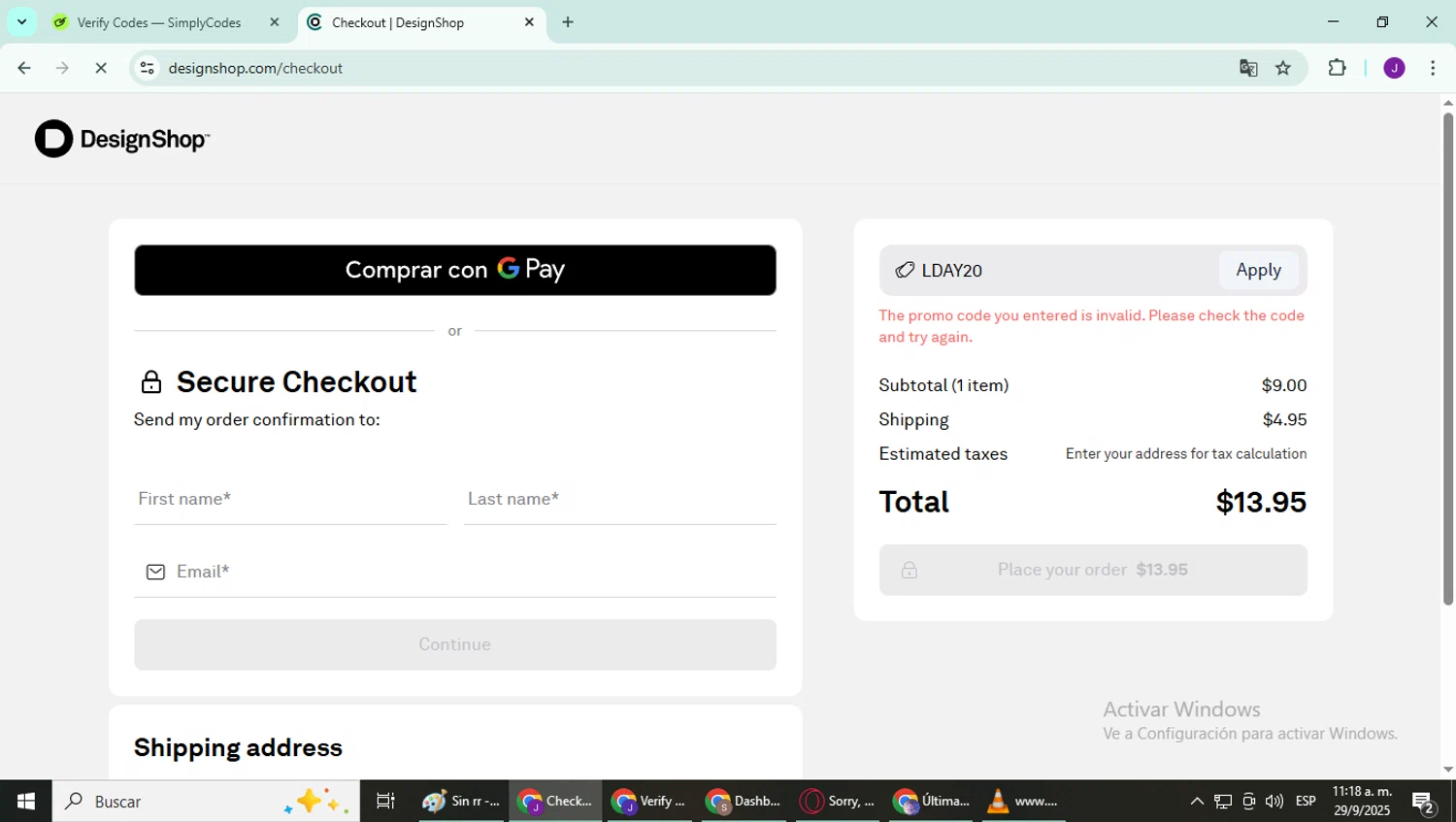 DesignShop promo code screenshot showing code LDAY20 applied at DesignShop checkout page. Uploaded by SimplyCodes community member YutakaH0shin0 on Sep 29, 2025