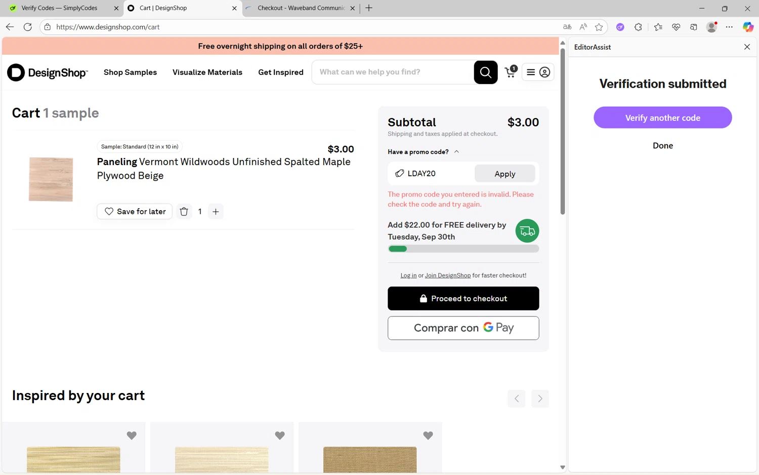 DesignShop promo code screenshot showing code LDAY20 applied at DesignShop checkout page. Uploaded by SimplyCodes community member juanx1702 on Sep 29, 2025