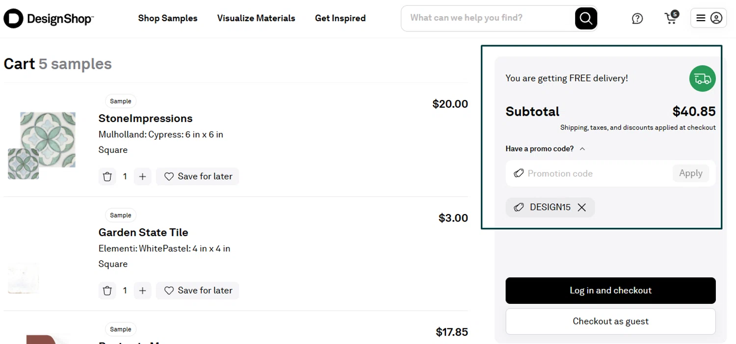 DesignShop promo code screenshot showing code DESIGN15 applied at DesignShop checkout page. Uploaded by SimplyCodes community member Swiftdealz on May 3, 2025