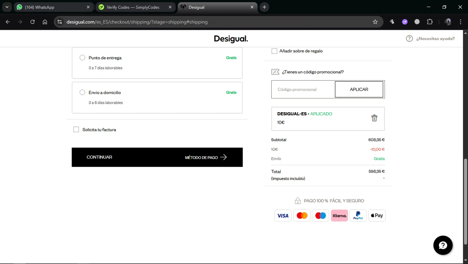 Desigual promo code screenshot showing code DESIGUAL-ES applied at Desigual checkout page. Uploaded by SimplyCodes community member ErnestoLoMasca on Jan 5, 2026
