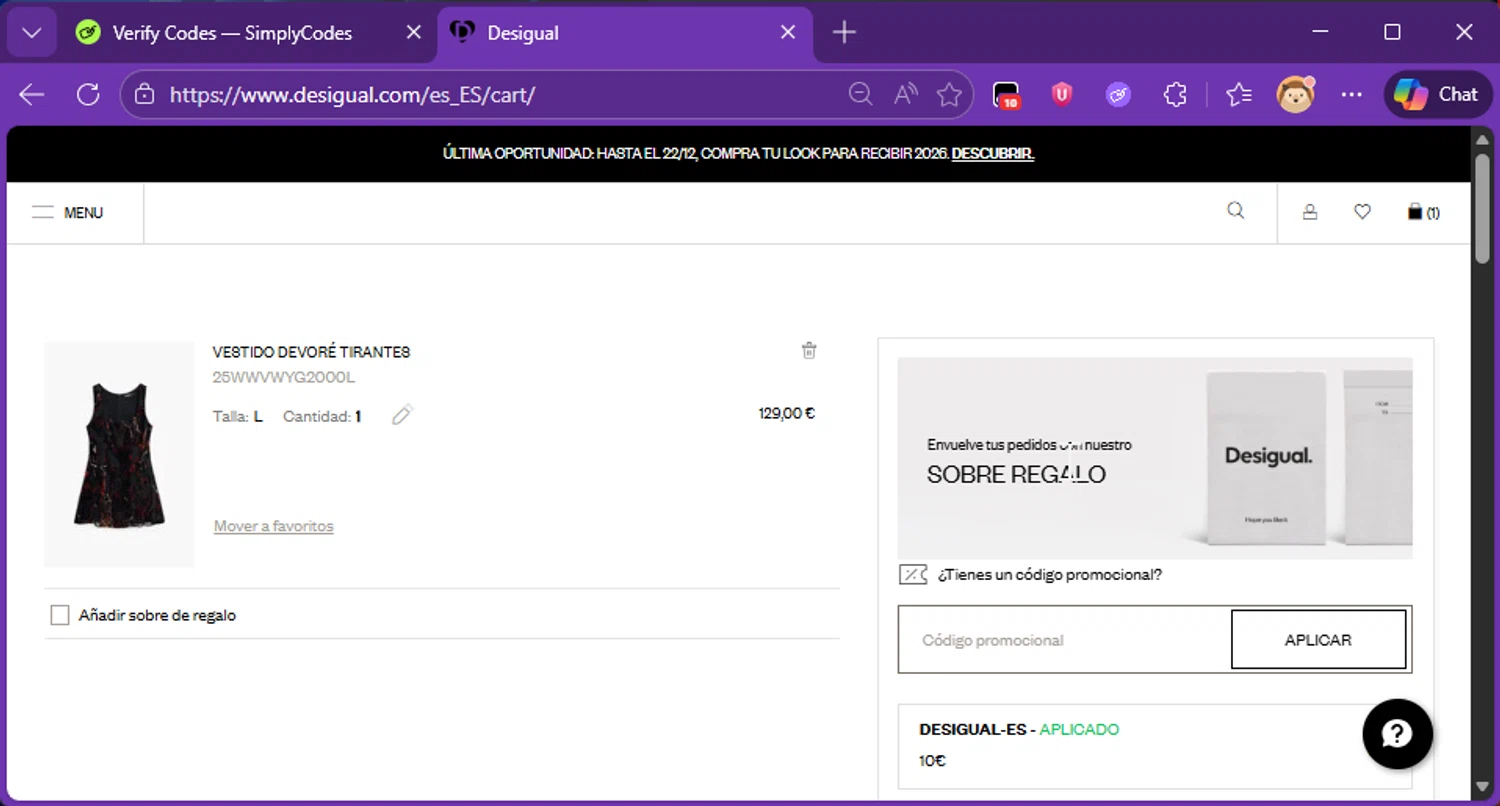 Desigual promo code screenshot showing code DESIGUAL-ES applied at Desigual checkout page. Uploaded by SimplyCodes community member Raibelys_18 on Dec 22, 2025