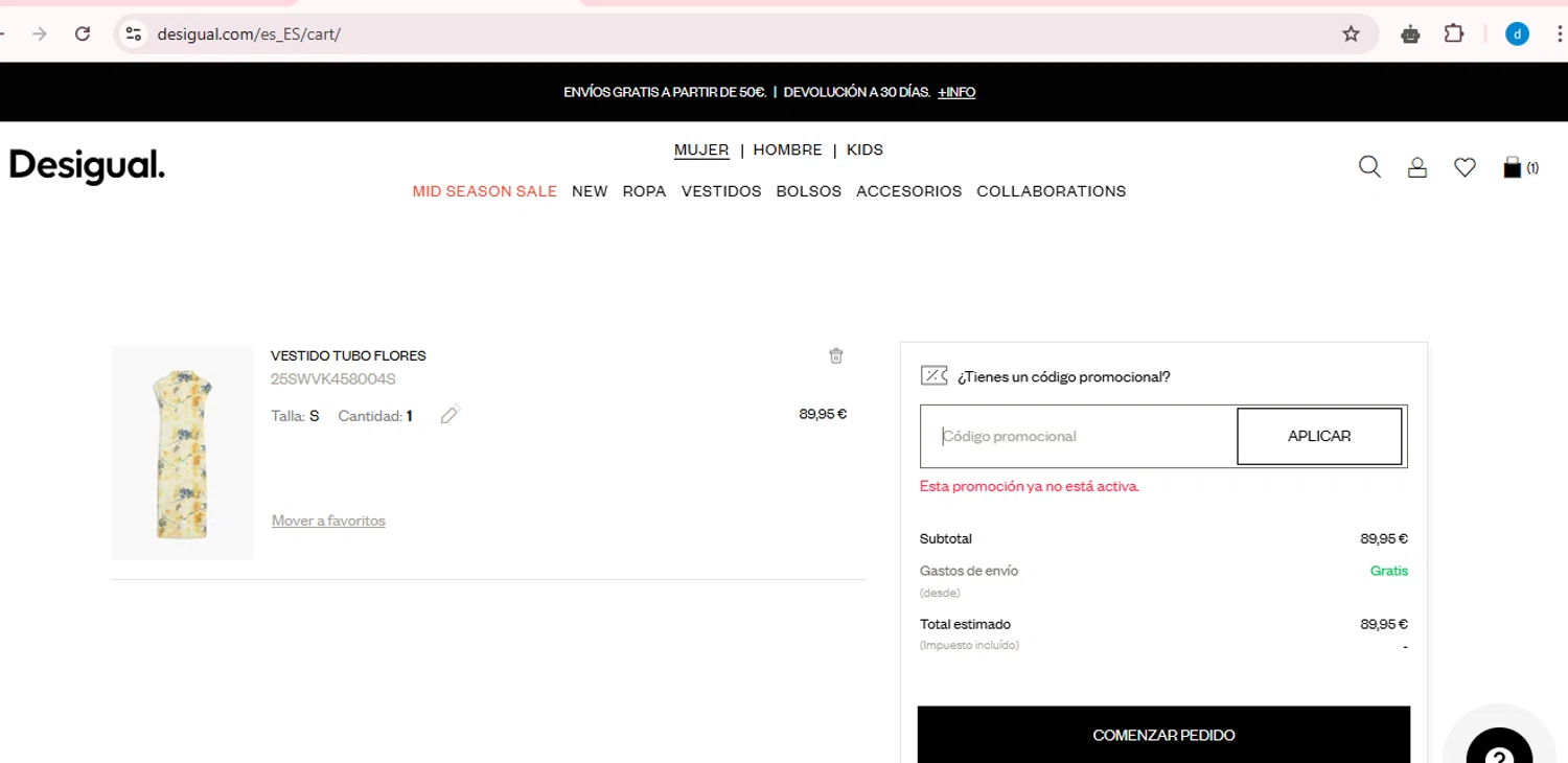 Desigual promo code screenshot showing code DESIGUAL-ES applied at Desigual checkout page. Uploaded by SimplyCodes community member GloriousWizard8260 on Apr 3, 2025