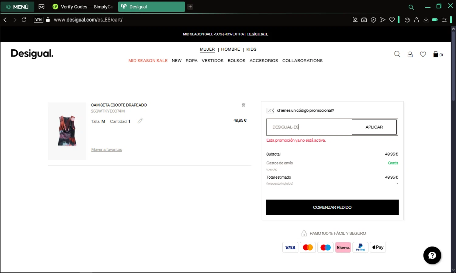 Desigual promo code screenshot showing code DESIGUAL-ES applied at Desigual checkout page. Uploaded by SimplyCodes community member omare29 on Apr 3, 2025
