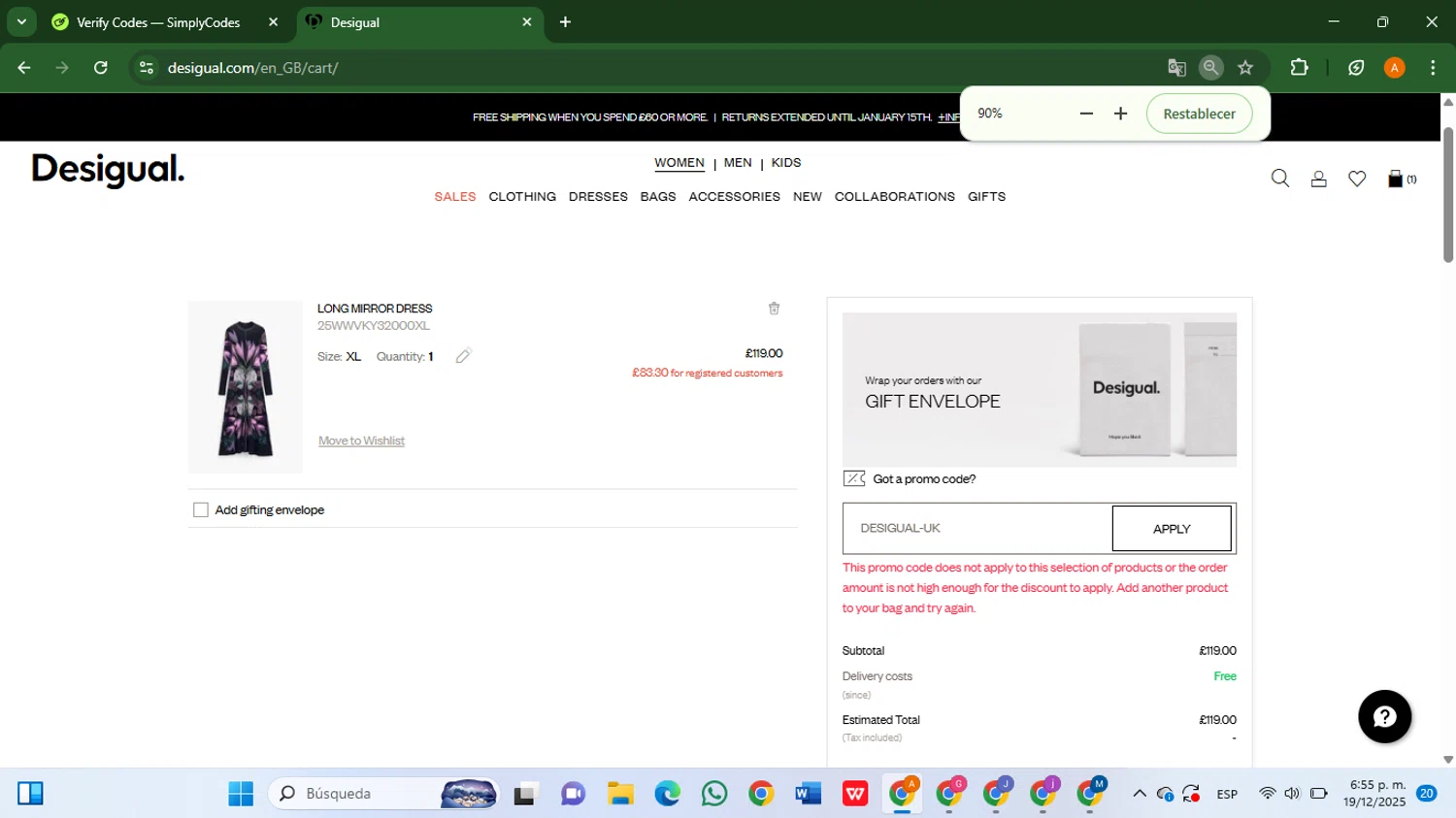 Desigual promo code screenshot showing code DESIGUAL-UK applied at Desigual checkout page. Uploaded by SimplyCodes community member AlfredoBonifacio on Dec 19, 2025
