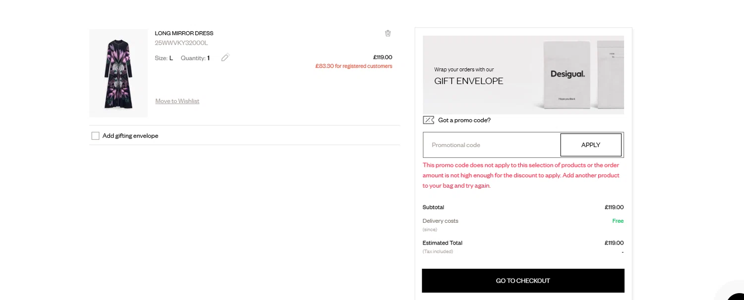 Desigual promo code screenshot showing code DESIGUAL-UK applied at Desigual checkout page. Uploaded by SimplyCodes community member SavingsPro6397 on Dec 20, 2025