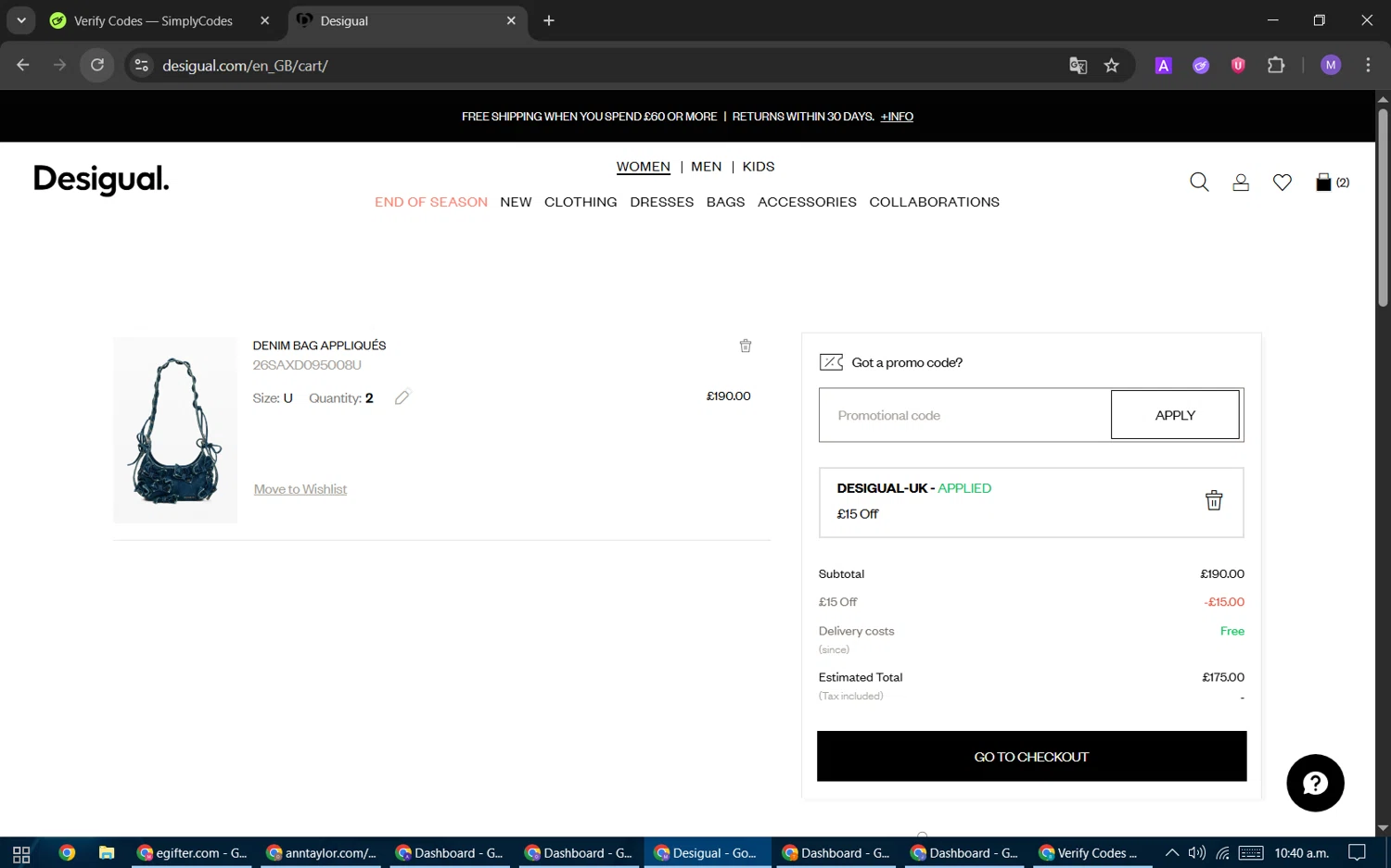 Desigual checkout page showing Desigual promo code box | Screenshot taken by SimplyCodes community member on Feb 13, 2026