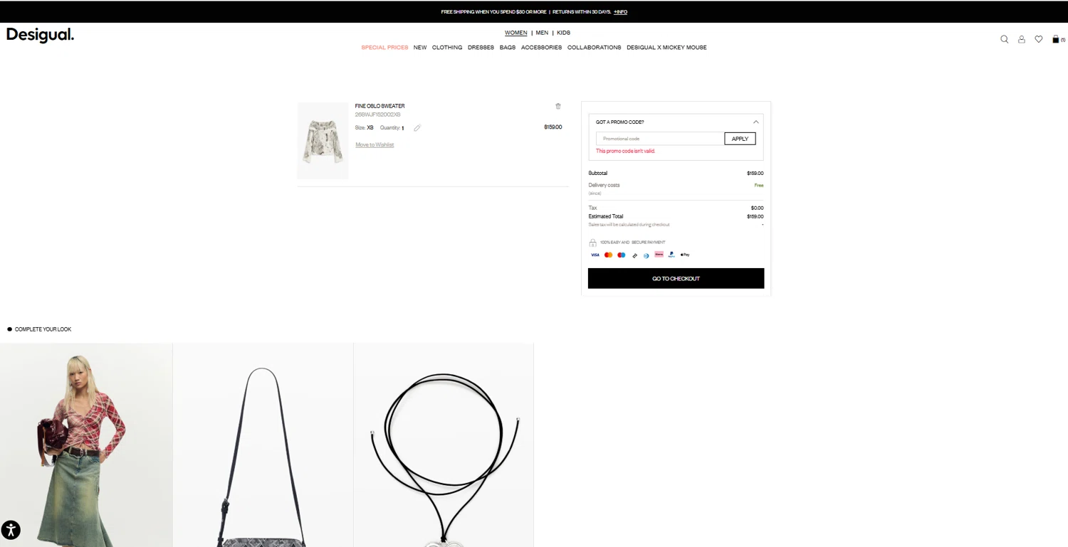 Desigual promo code screenshot showing code DESIGUAL-UK applied at Desigual checkout page. Uploaded by SimplyCodes community member reggiesmith on Feb 18, 2026