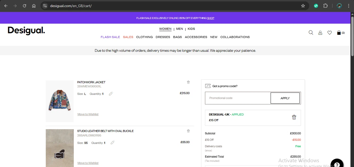 Desigual checkout page showing Desigual promo code box | Screenshot taken by SimplyCodes community member on Jan 16, 2026