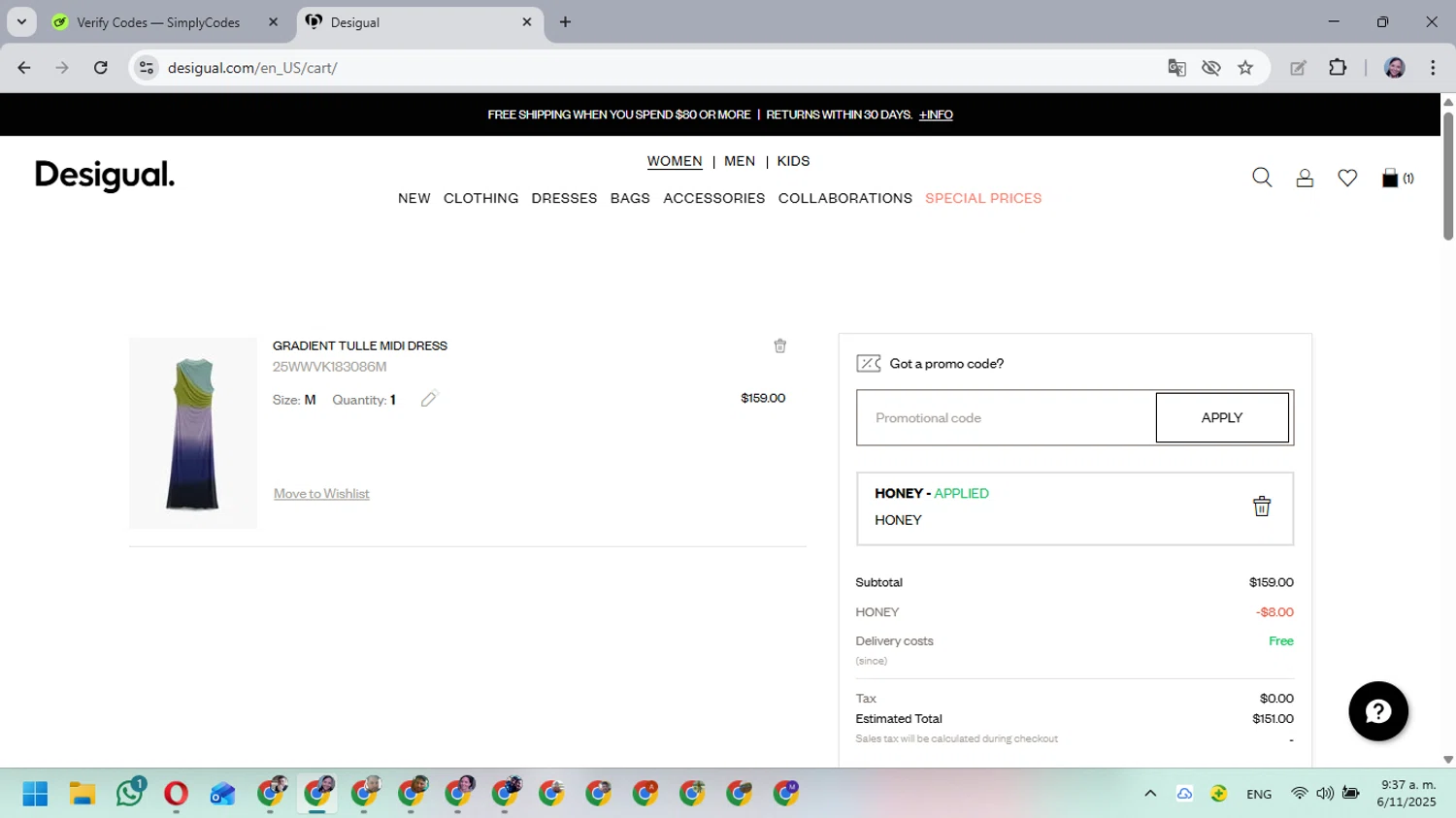 Desigual promo code screenshot showing code Honey applied at Desigual checkout page. Uploaded by SimplyCodes community member MarielisPb on Nov 6, 2025