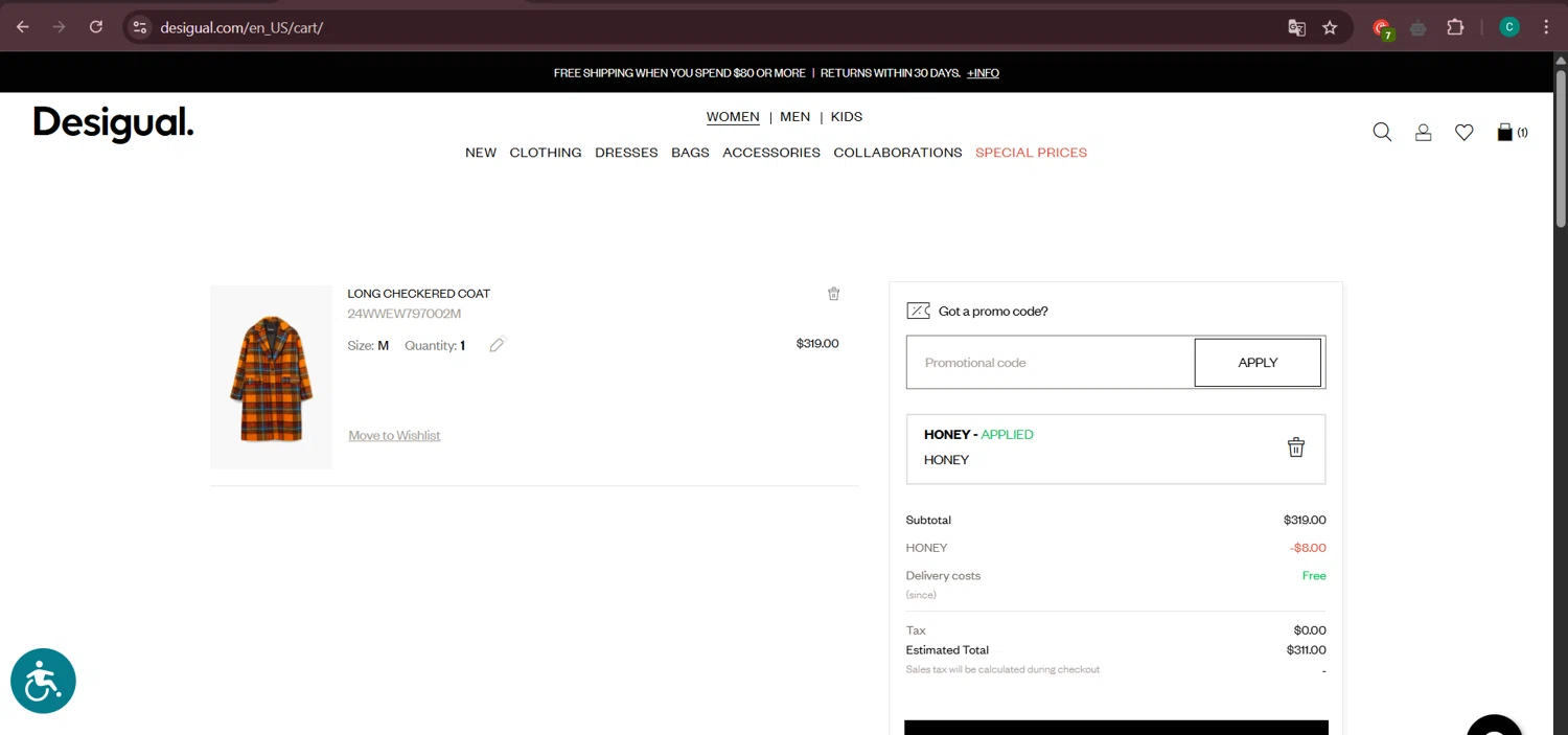 Desigual promo code screenshot showing code Honey applied at Desigual checkout page. Uploaded by SimplyCodes community member Negritoo on May 12, 2025