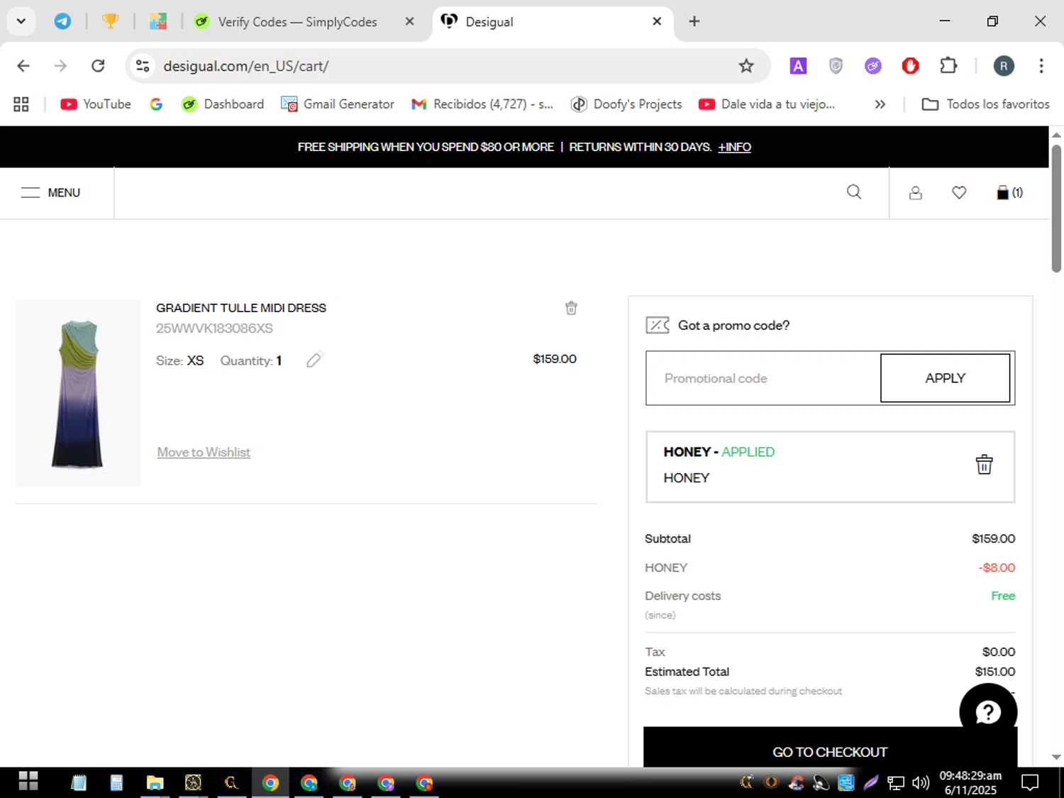 Desigual promo code screenshot showing code Honey applied at Desigual checkout page. Uploaded by SimplyCodes community member PennyWizard7963 on Nov 6, 2025