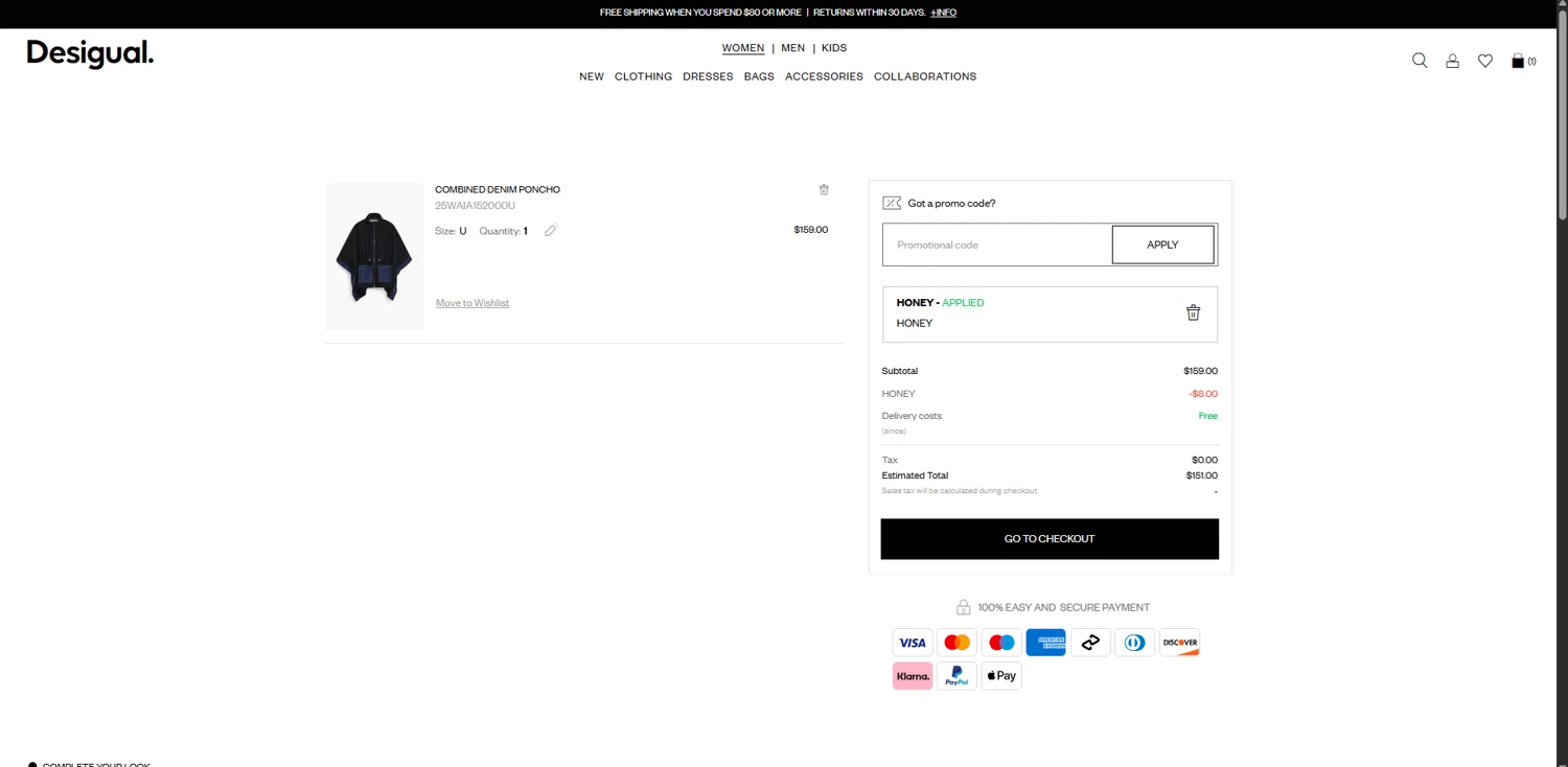 Desigual promo code screenshot showing code Honey applied at Desigual checkout page. Uploaded by SimplyCodes community member WonderVirtuoso3484 on Oct 26, 2025