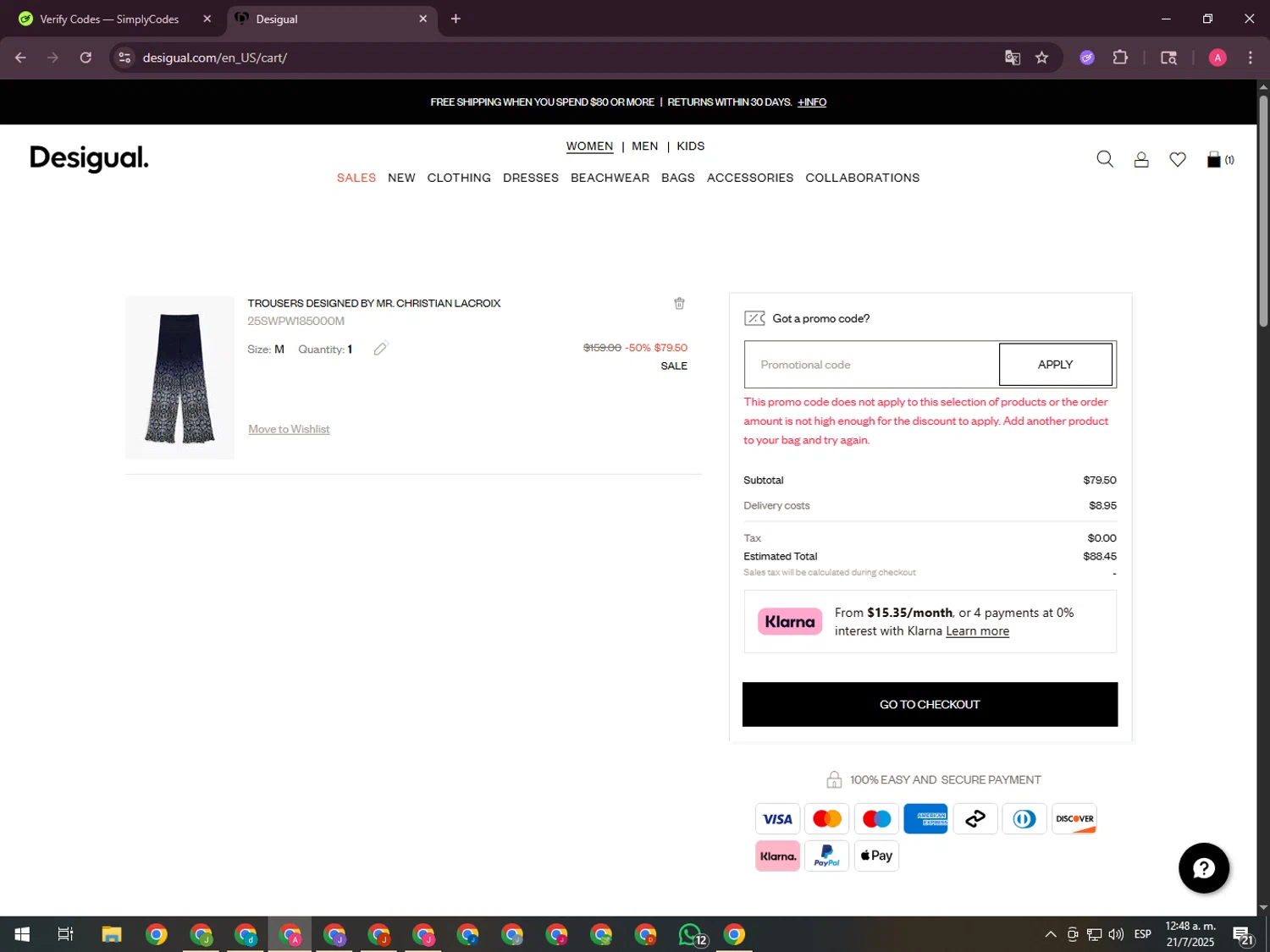 Desigual promo code screenshot showing code NEW applied at Desigual checkout page. Uploaded by SimplyCodes community member CrownHawk3462 on Jul 21, 2025
