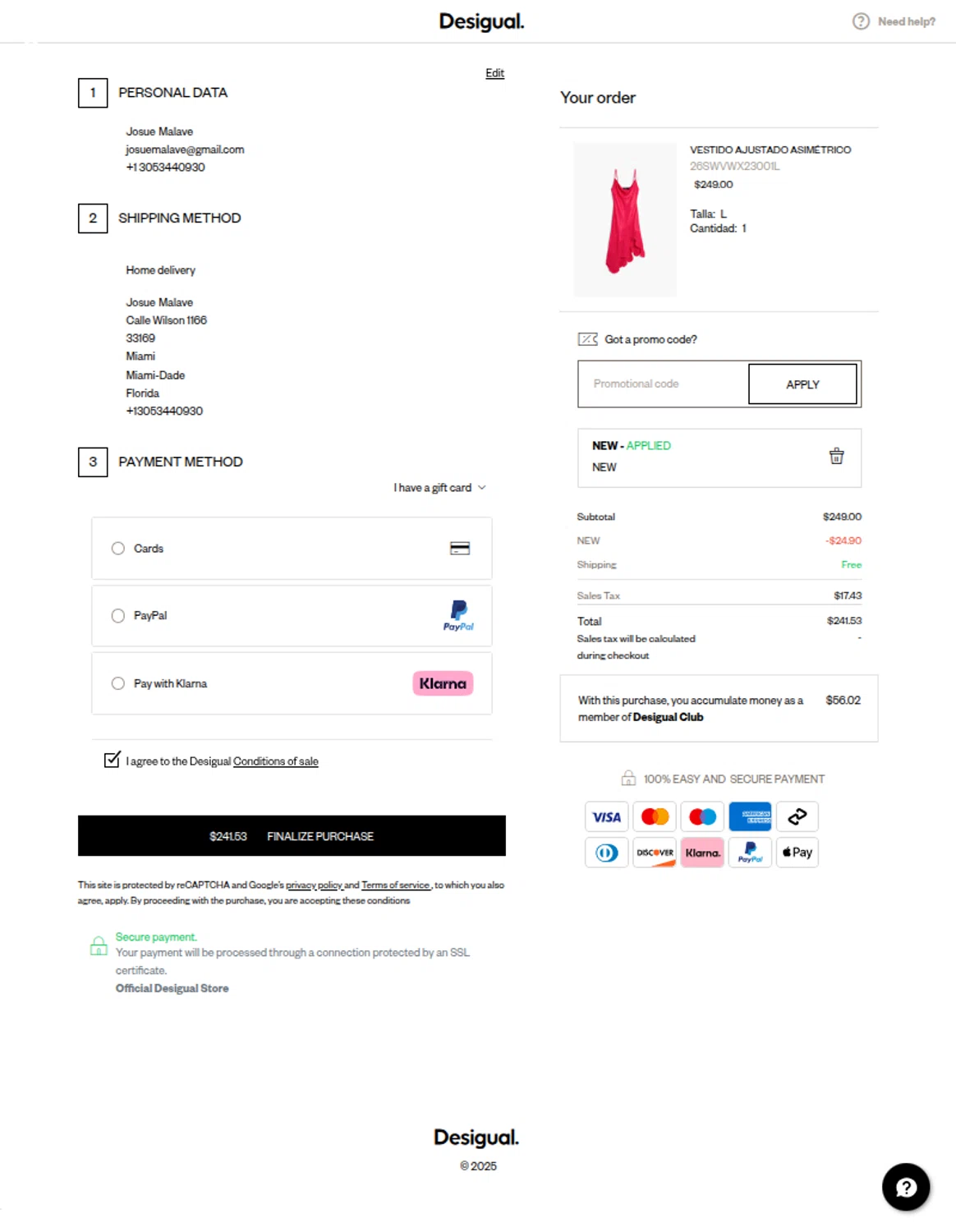 Desigual promo code screenshot showing code NEW applied at Desigual checkout page. Uploaded by SimplyCodes community member Mosue17 on Nov 25, 2025