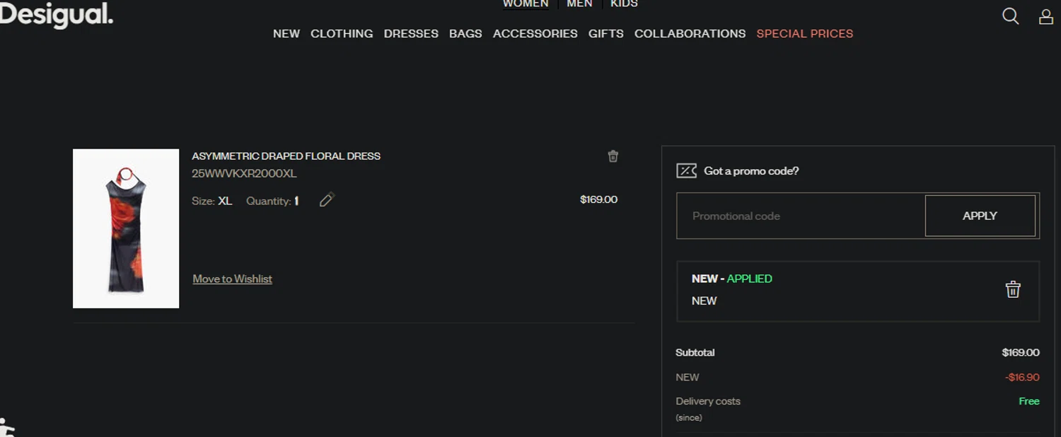 Desigual promo code screenshot showing code NEW applied at Desigual checkout page. Uploaded by SimplyCodes community member PedroNavaja on Nov 17, 2025