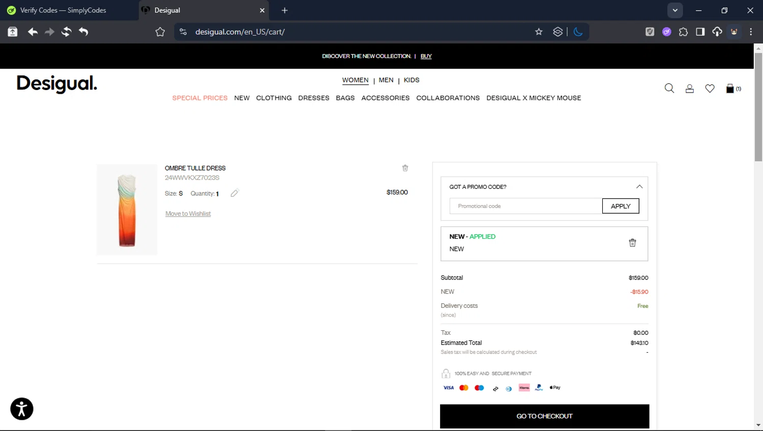 Desigual promo code screenshot showing code NEW applied at Desigual checkout page. Uploaded by SimplyCodes community member Userr2 on Feb 23, 2026