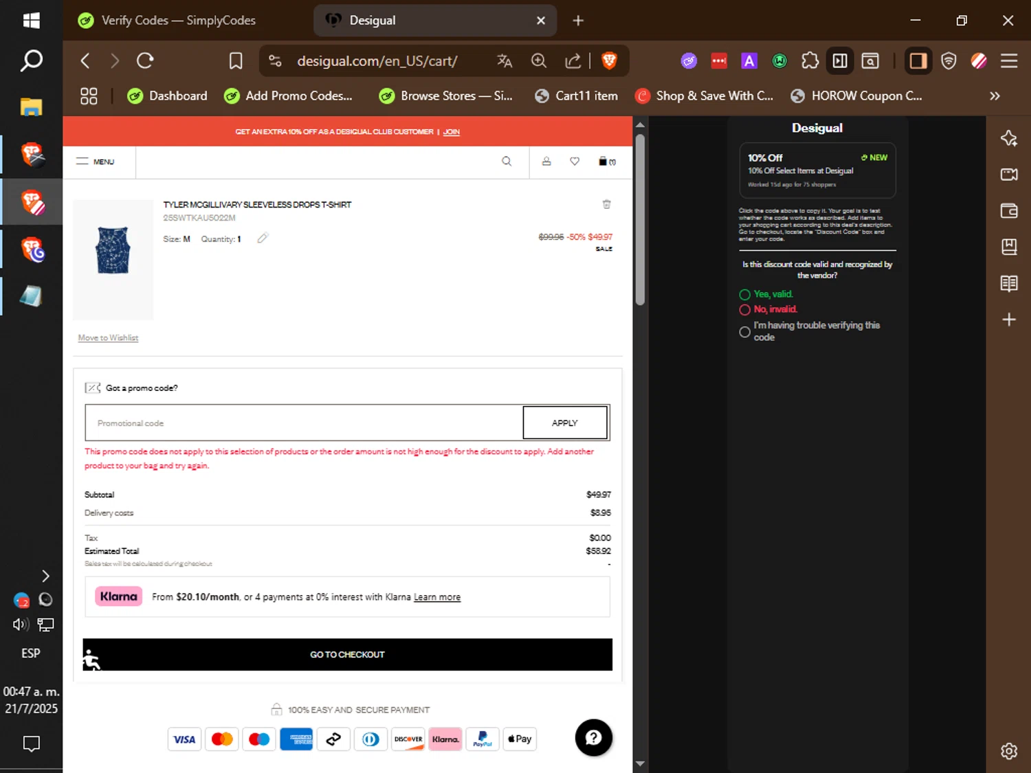 Desigual promo code screenshot showing code NEW applied at Desigual checkout page. Uploaded by SimplyCodes community member ilarrazaM3 on Jul 21, 2025