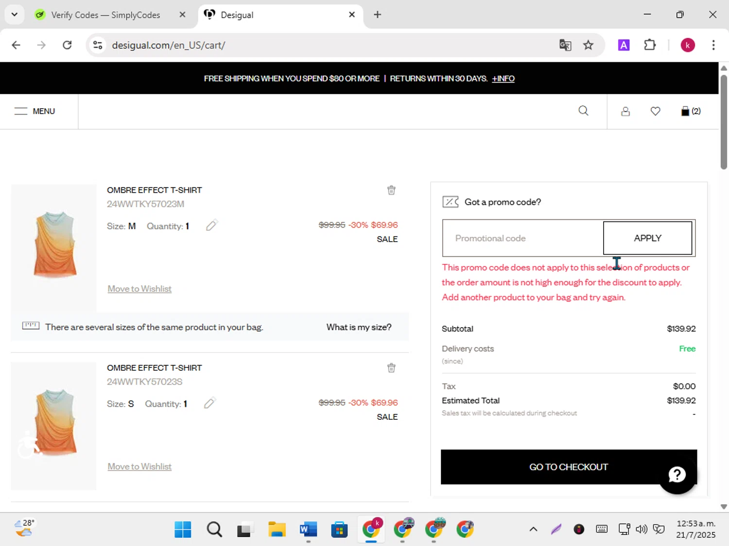 Desigual promo code screenshot showing code NEW applied at Desigual checkout page. Uploaded by SimplyCodes community member karoline on Jul 21, 2025