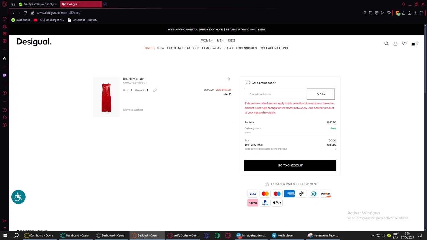 Desigual promo code screenshot showing code DESIGUAL-US applied at Desigual checkout page. Uploaded by SimplyCodes community member MoneyMonarch9272 on Jun 27, 2025
