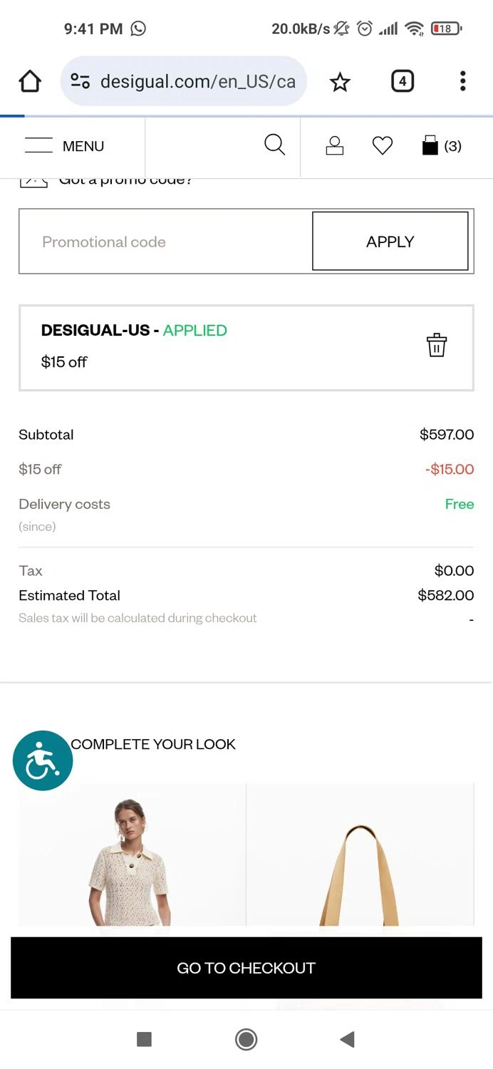 Desigual promo code screenshot showing code DESIGUAL-US applied at Desigual checkout page. Uploaded by SimplyCodes community member Piolin on Jun 27, 2025