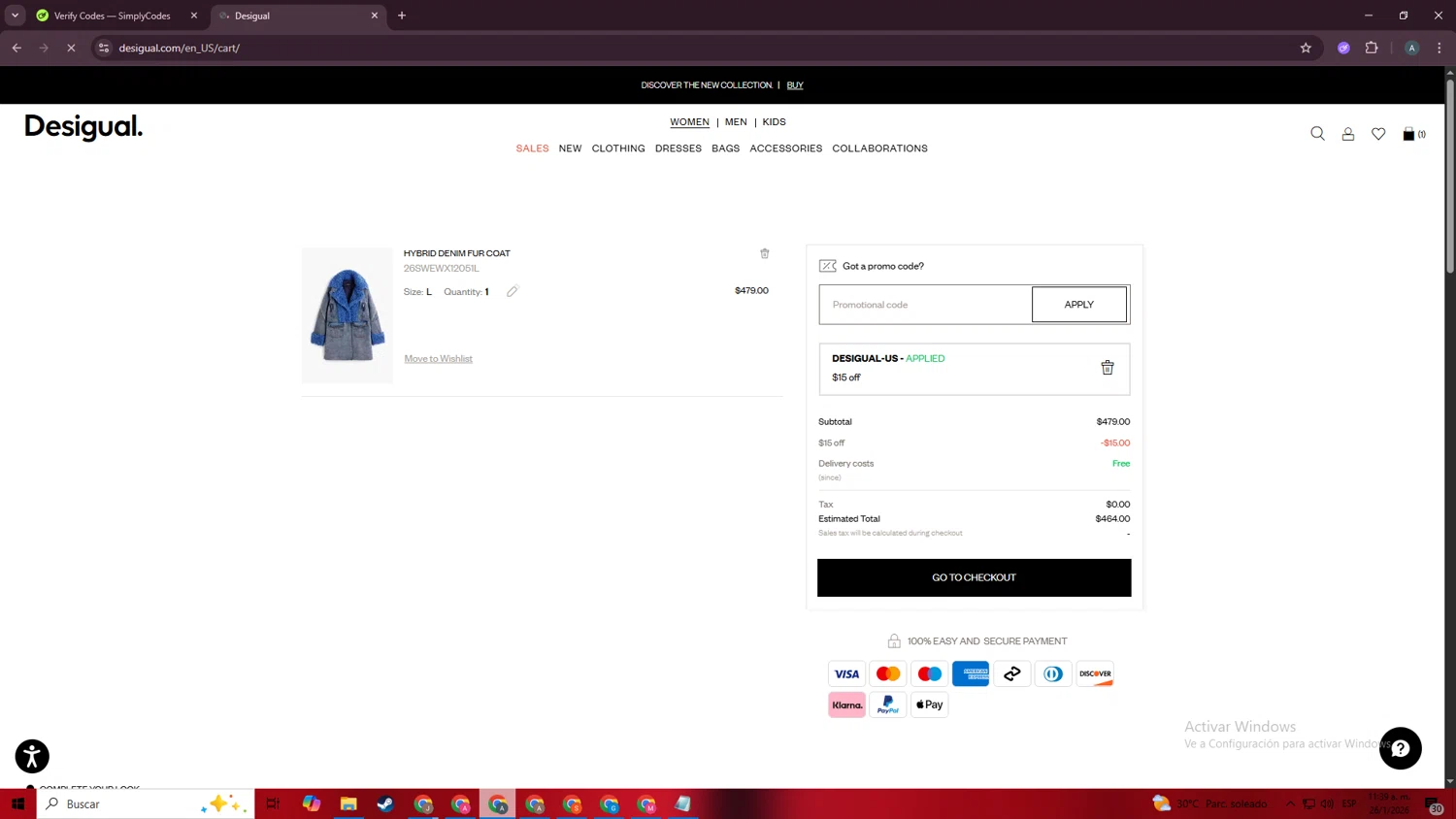 Desigual checkout page showing Desigual promo code box | Screenshot taken by SimplyCodes community member on Jan 26, 2026