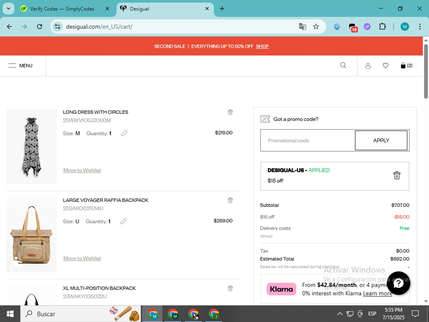 Desigual promo code screenshot showing code DESIGUAL-US applied at Desigual checkout page. Uploaded by SimplyCodes community member estrellaveloz on Jul 15, 2025