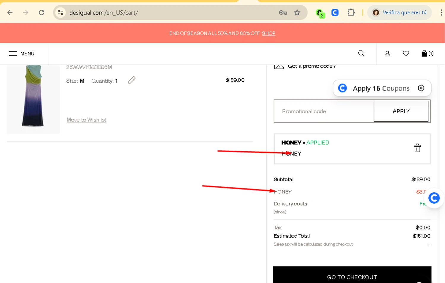 Desigual promo code screenshot showing code HONEY applied at Desigual checkout page. Uploaded by SimplyCodes community member AMANDA2681 on Aug 16, 2025