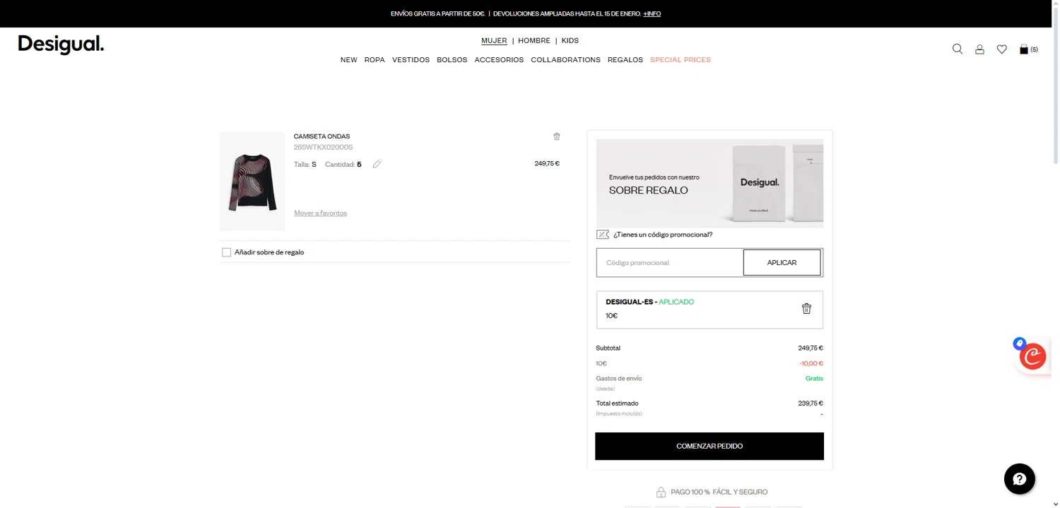Desigual promo code screenshot showing code DESIGUAL-ES applied at Desigual checkout page. Uploaded by SimplyCodes community member Dorothy on Dec 22, 2025