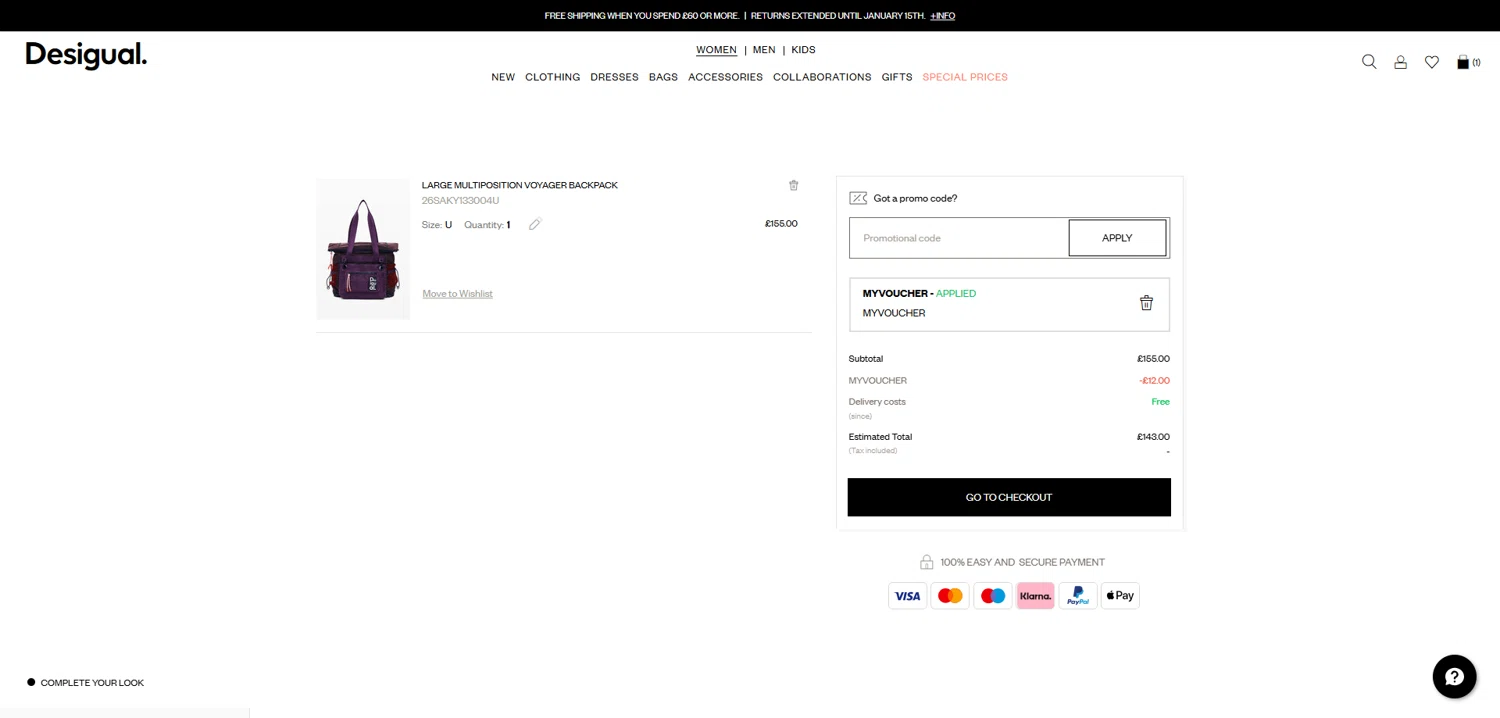 Desigual promo code screenshot showing code MYVOUCHER applied at Desigual checkout page. Uploaded by SimplyCodes community member Dorothy on Dec 9, 2025