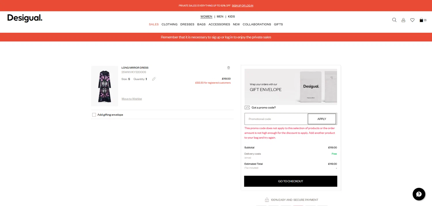 Desigual promo code screenshot showing code DESIGUAL-UK applied at Desigual checkout page. Uploaded by SimplyCodes community member Dorothy on Dec 19, 2025