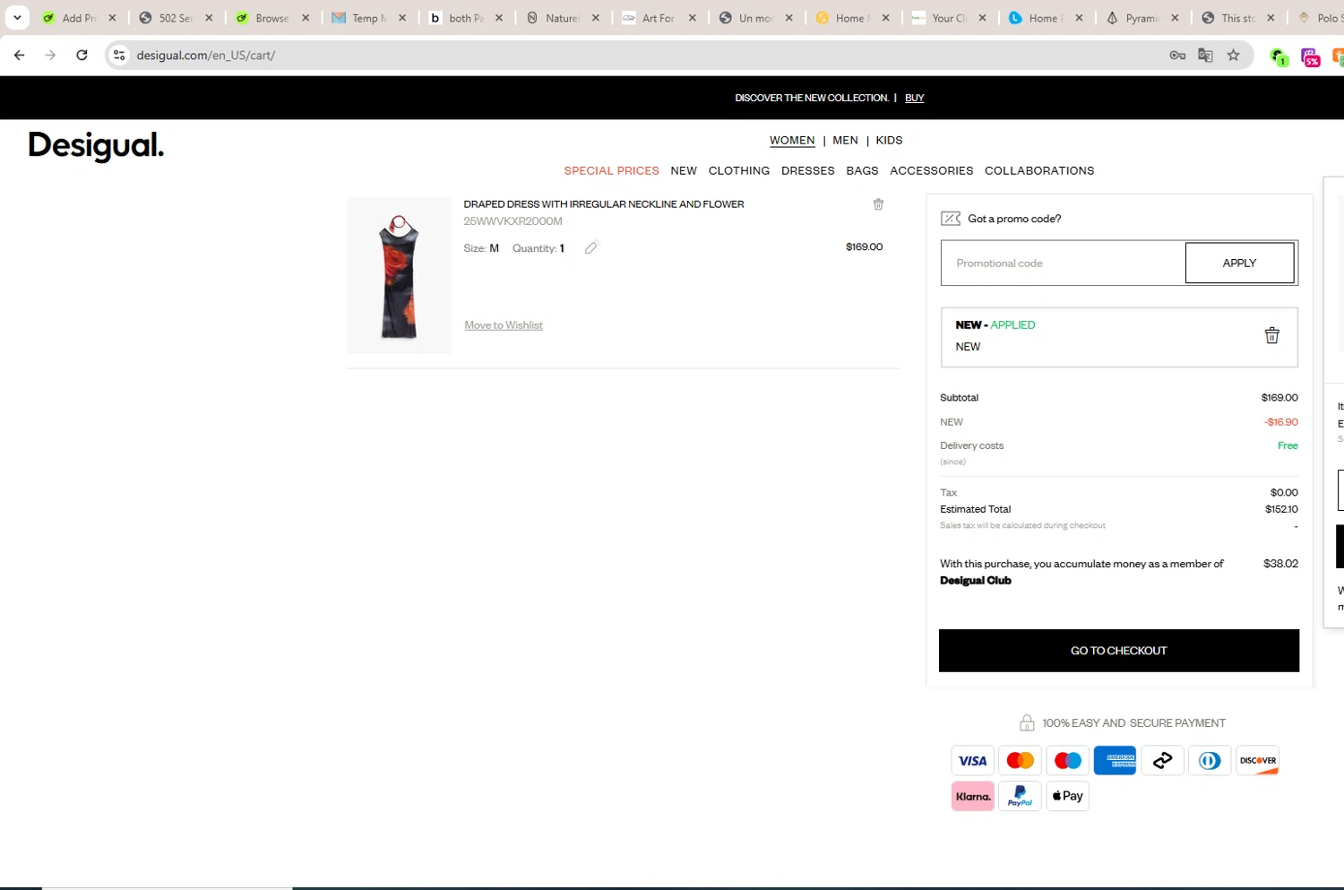 Desigual promo code screenshot showing code NEW applied at Desigual checkout page. Uploaded by SimplyCodes community member LAGUGU on Aug 12, 2025