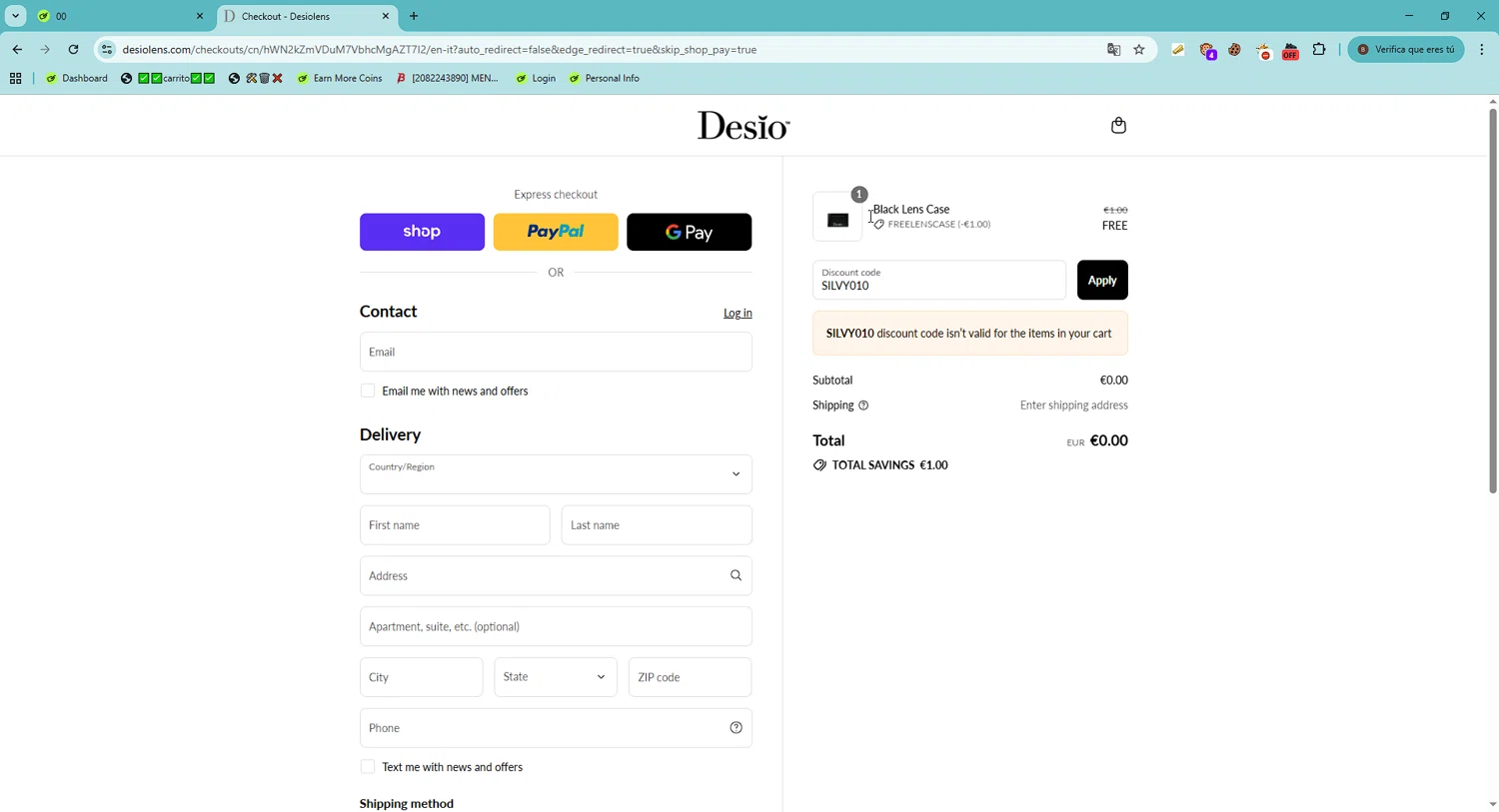 DesioLens discount code screenshot showing code SILVY010 applied at DesioLens checkout page. Uploaded by SimplyCodes community member FrugalShopper1585 on Sep 8, 2025