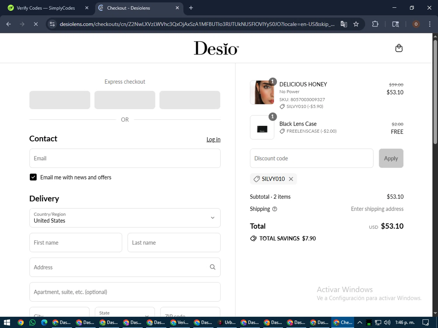 DesioLens discount code screenshot showing code SILVY010 applied at DesioLens checkout page. Uploaded by SimplyCodes community member Legendar on Jul 14, 2025