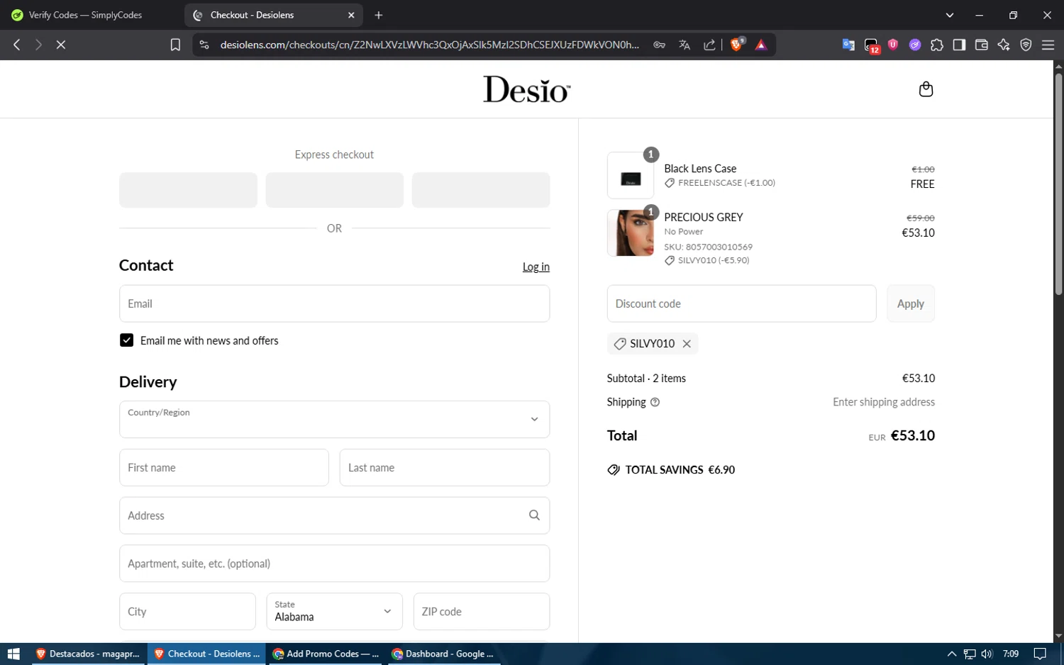 DesioLens discount code screenshot showing code SILVY010 applied at DesioLens checkout page. Uploaded by SimplyCodes community member usuario500 on Jun 21, 2025
