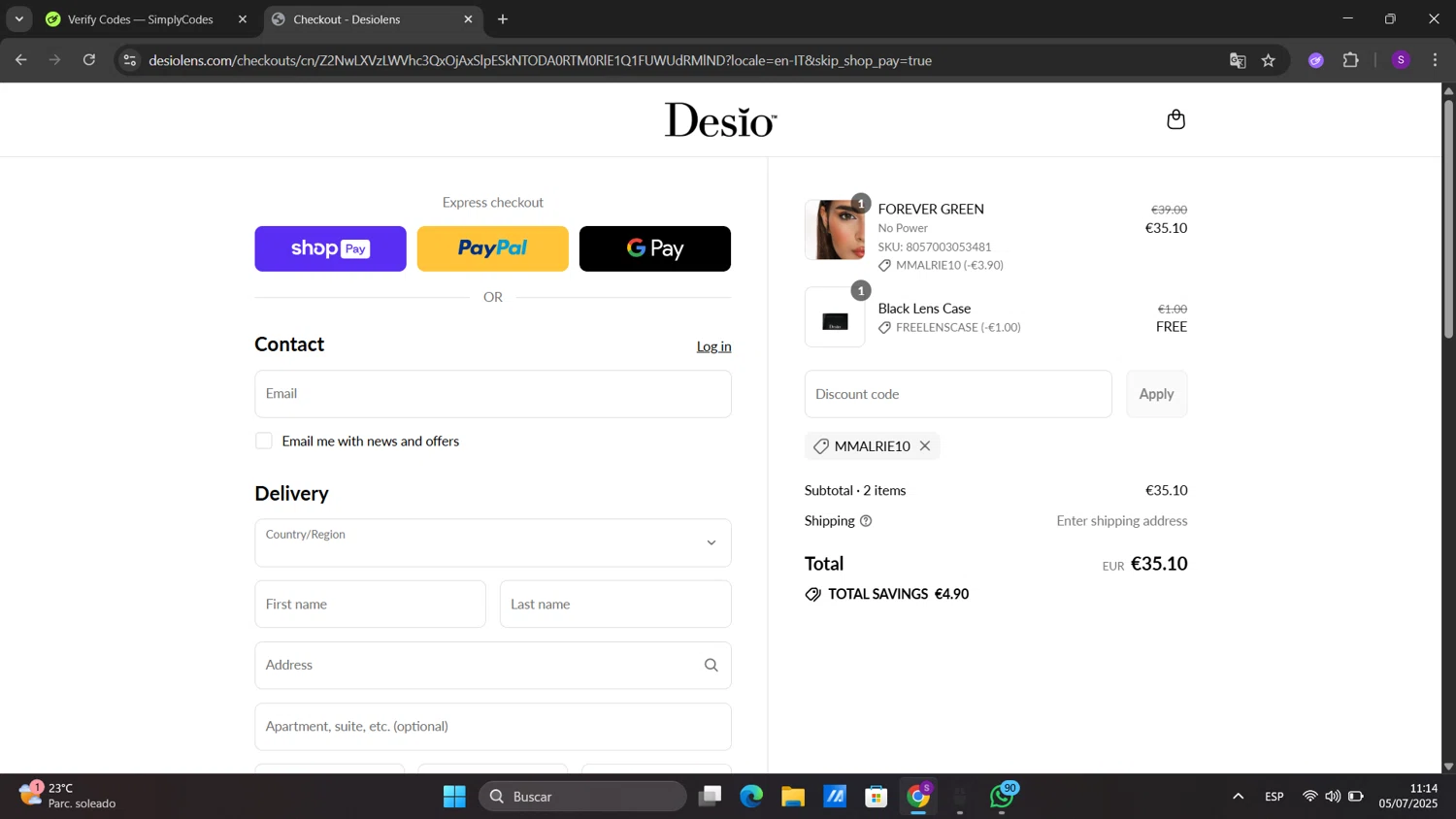 DesioLens discount code screenshot showing code MMALRIE10 applied at DesioLens checkout page. Uploaded by SimplyCodes community member sorialbam on Jul 5, 2025