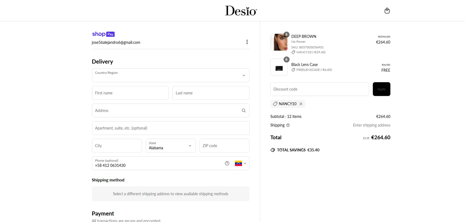 DesioLens discount code screenshot showing code Nancy10 applied at DesioLens checkout page. Uploaded by SimplyCodes community member Kmacho on Jun 21, 2025