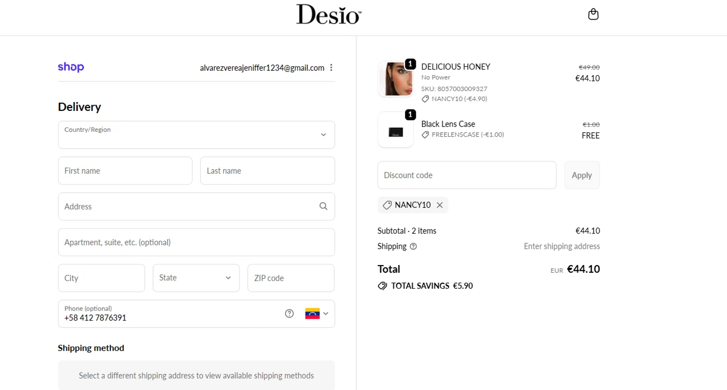 DesioLens discount code screenshot showing code Nancy10 applied at DesioLens checkout page. Uploaded by SimplyCodes community member jenifferalvarez on Oct 23, 2025