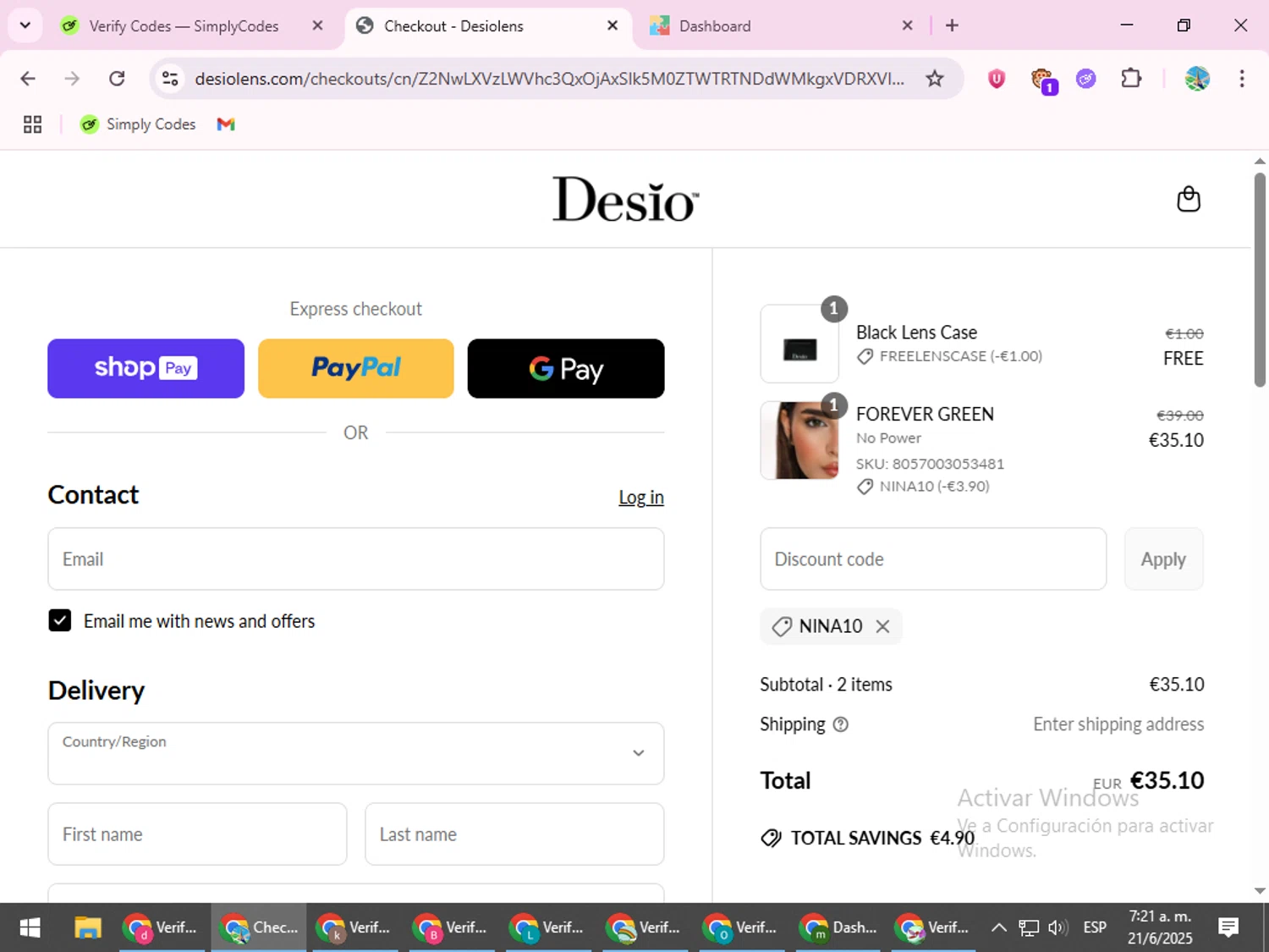 DesioLens discount code screenshot showing code NINA10 applied at DesioLens checkout page. Uploaded by SimplyCodes community member ShrewdSpotter4101 on Jun 21, 2025