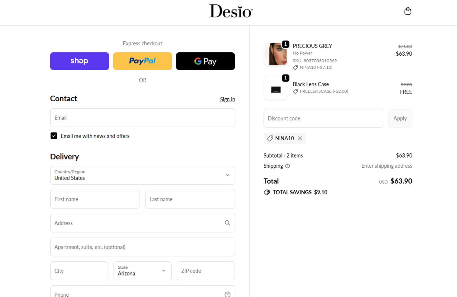 DesioLens discount code screenshot showing code NINA10 applied at DesioLens checkout page. Uploaded by SimplyCodes community member ThriftyShopper3669 on Oct 19, 2025