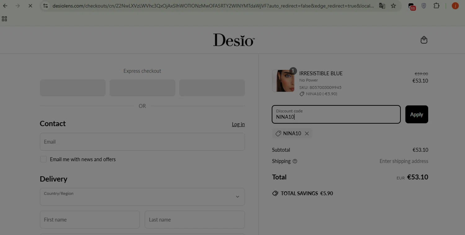 DesioLens discount code screenshot showing code NINA10 applied at DesioLens checkout page. Uploaded by SimplyCodes community member WonderSpotter5339 on Jun 16, 2025