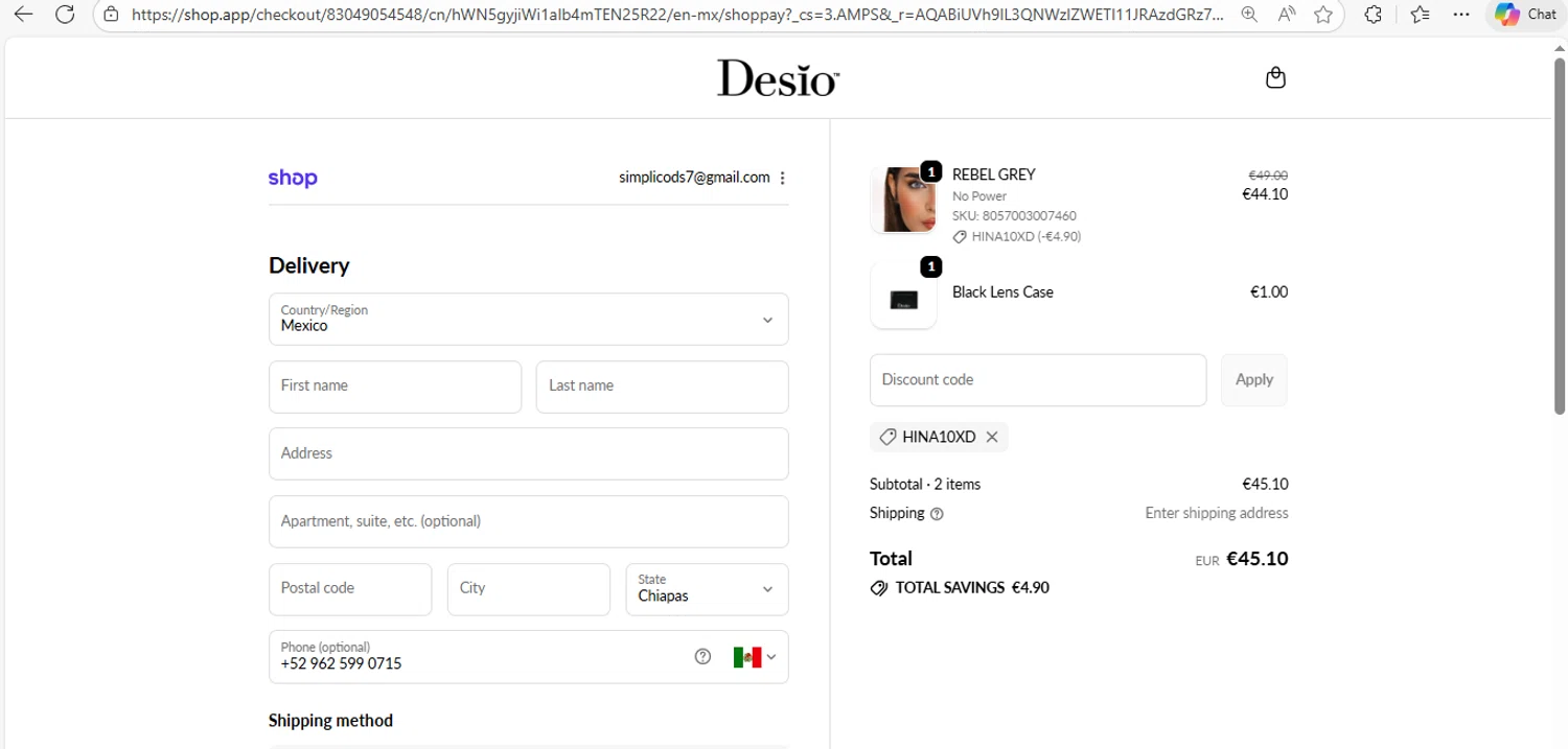 DesioLens discount code screenshot showing code HINA10XD applied at DesioLens checkout page. Uploaded by SimplyCodes community member fhddfhfdhwert on Nov 25, 2025