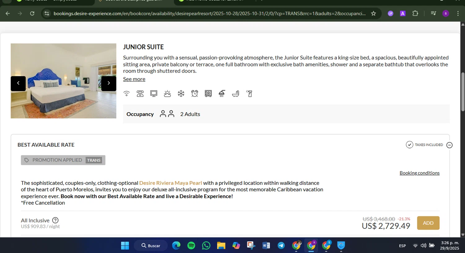 Desire Riviera Maya Resort promo code screenshot showing code TRANS applied at Desire Riviera Maya Resort checkout page. Uploaded by SimplyCodes community member Lamadama on Sep 29, 2025