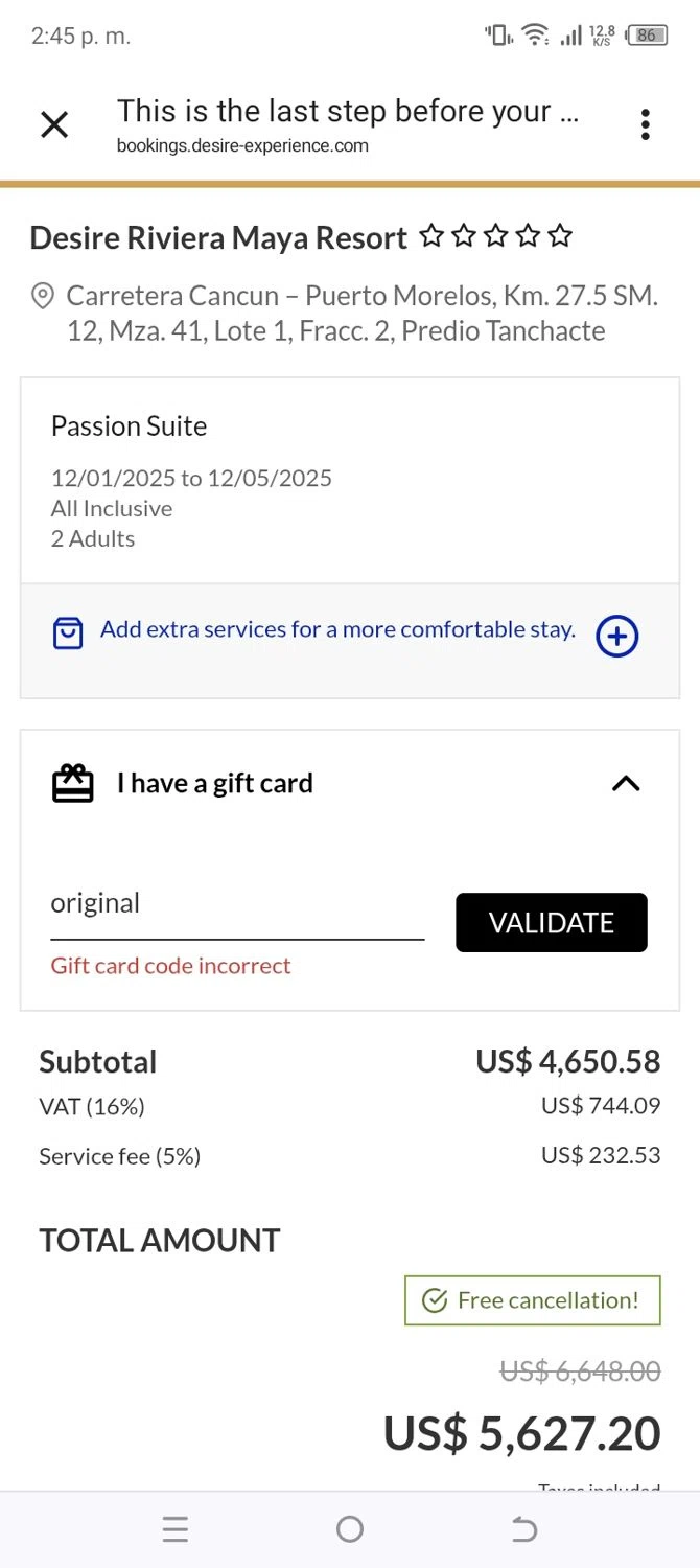 Desire Riviera Maya Resort promo code screenshot showing code original applied at Desire Riviera Maya Resort checkout page. Uploaded by SimplyCodes community member Daless on Oct 2, 2025