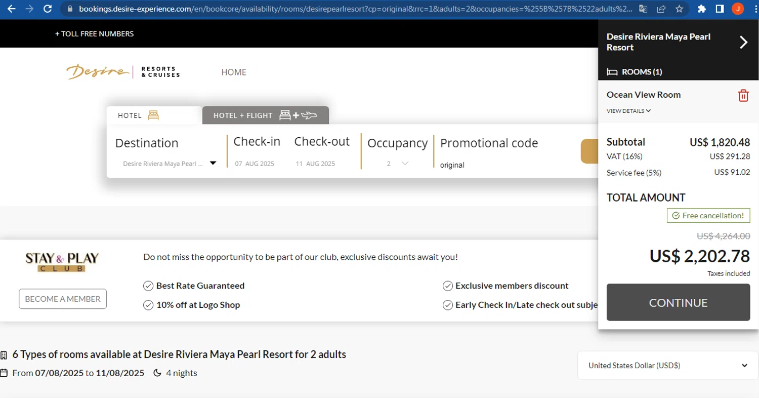 Desire Riviera Maya Resort promo code screenshot showing code original applied at Desire Riviera Maya Resort checkout page. Uploaded by SimplyCodes community member FranquizJoel on Jun 8, 2025