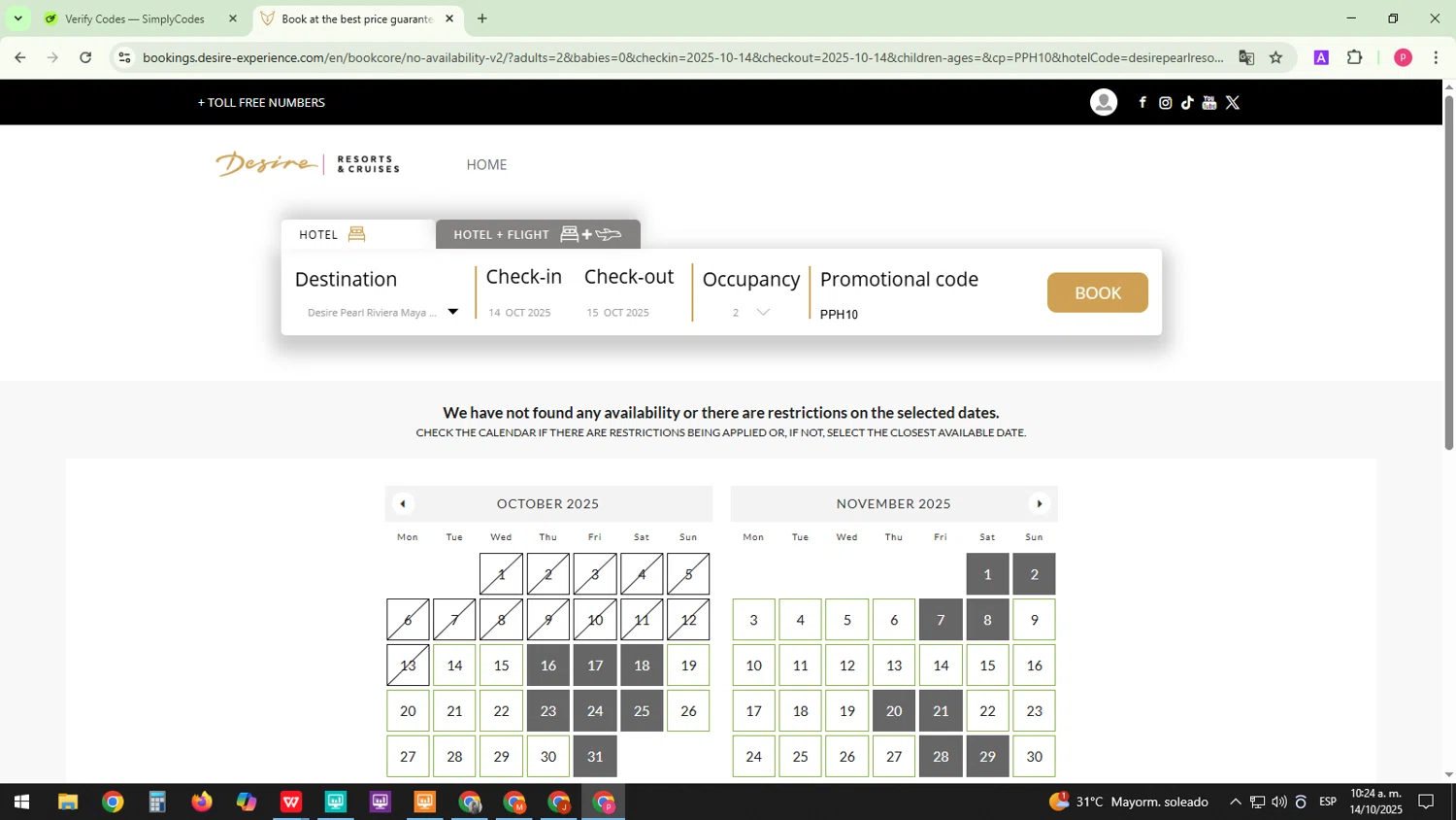 Desire Riviera Maya Resort promo code screenshot showing code PPH10 applied at Desire Riviera Maya Resort checkout page. Uploaded by SimplyCodes community member BonusChaser4306 on Oct 14, 2025