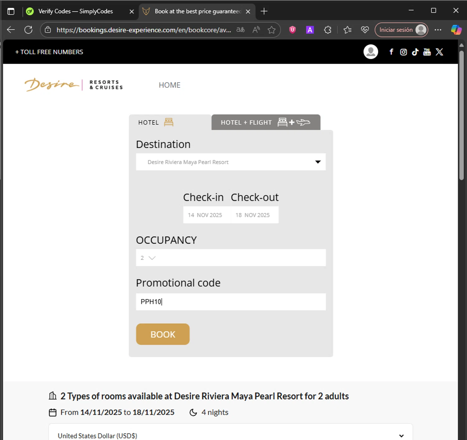 Desire Riviera Maya Resort promo code screenshot showing code PPH10 applied at Desire Riviera Maya Resort checkout page. Uploaded by SimplyCodes community member DealAce7453 on Sep 15, 2025