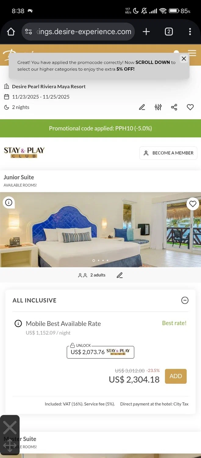 Desire Riviera Maya Resort promo code screenshot showing code PPH10 applied at Desire Riviera Maya Resort checkout page. Uploaded by SimplyCodes community member Lhhfhii on Nov 12, 2025