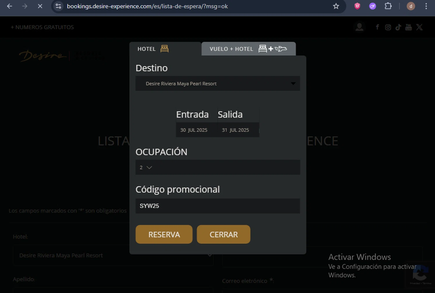 Desire Riviera Maya Resort promo code screenshot showing code SYW25 applied at Desire Riviera Maya Resort checkout page. Uploaded by SimplyCodes community member BargainVirtuoso4670 on Jul 30, 2025