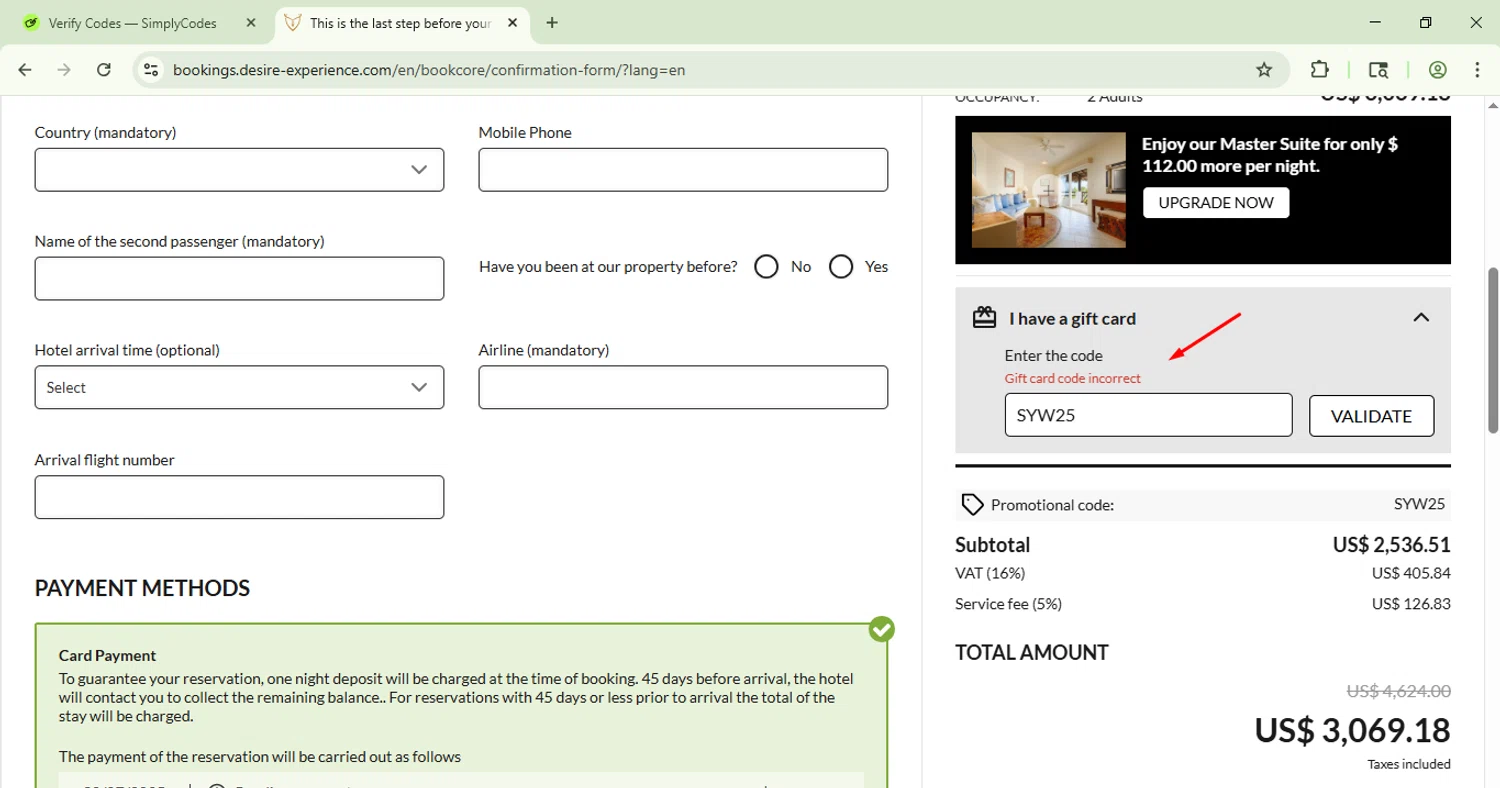 Desire Riviera Maya Resort promo code screenshot showing code SYW25 applied at Desire Riviera Maya Resort checkout page. Uploaded by SimplyCodes community member CoinSage1043 on Jul 30, 2025